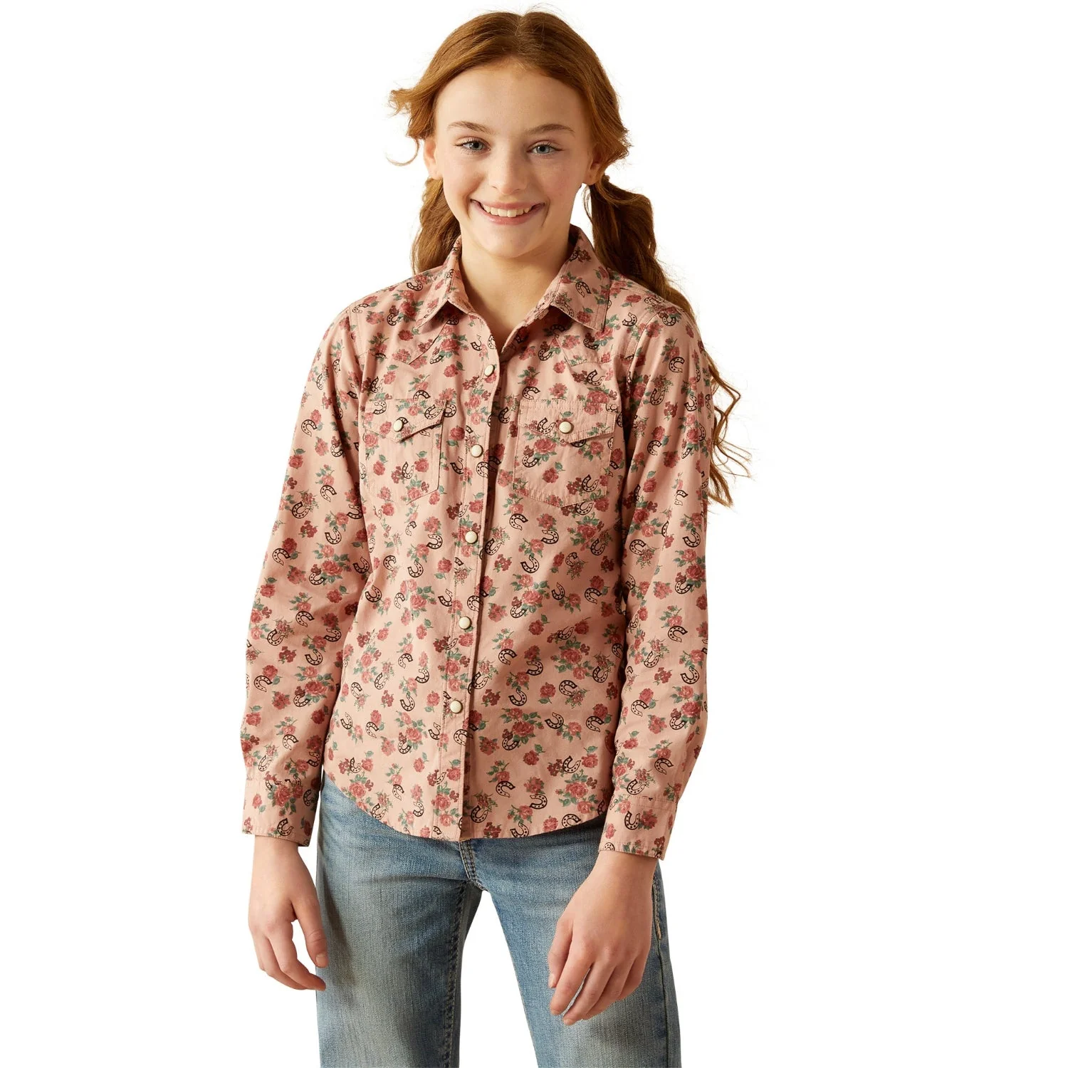 Ariat Girls Flowers N' Horseshoes Snap Shirt - Floral Horseshoes Print