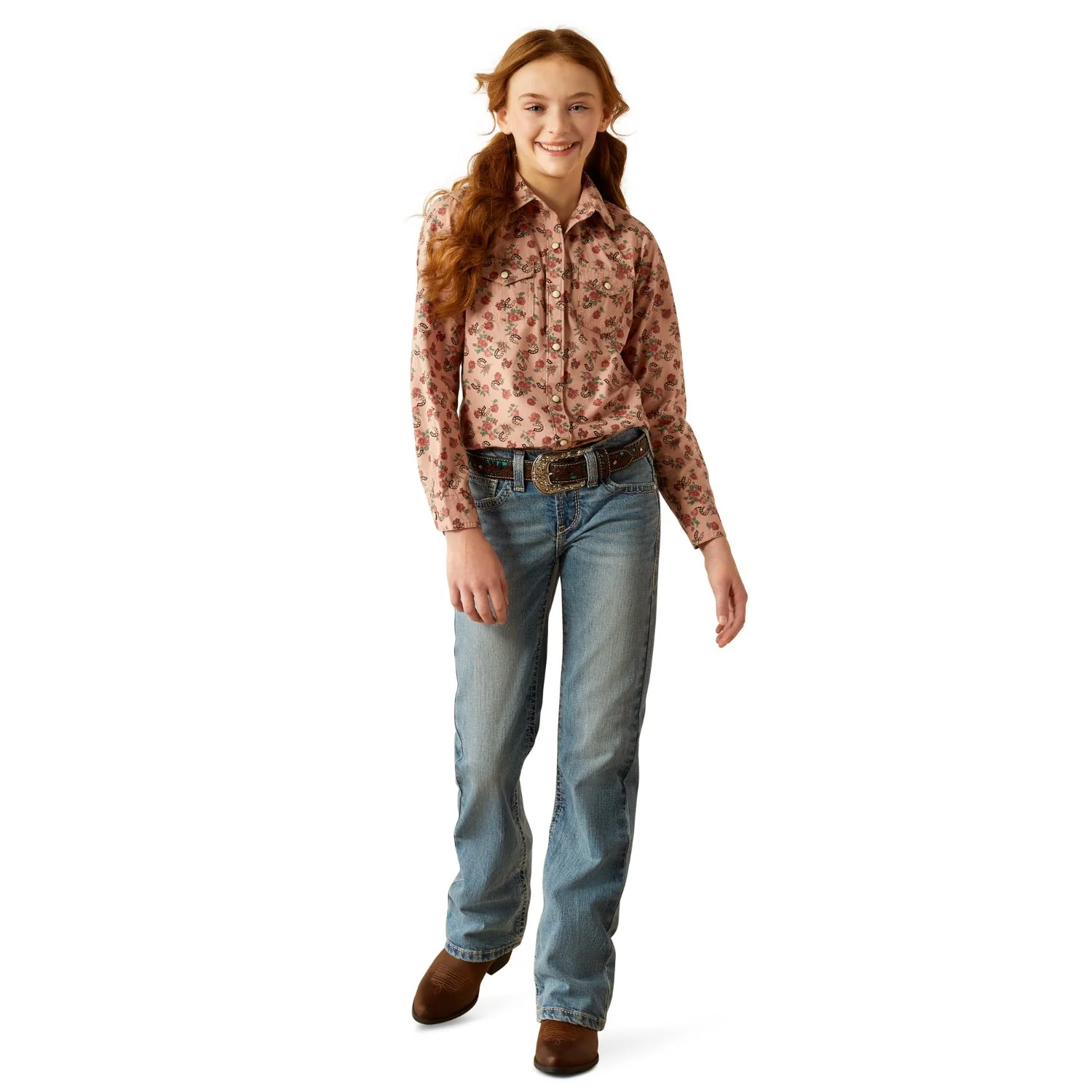 Ariat Girls Flowers N' Horseshoes Snap Shirt - Floral Horseshoes Print - Image 3