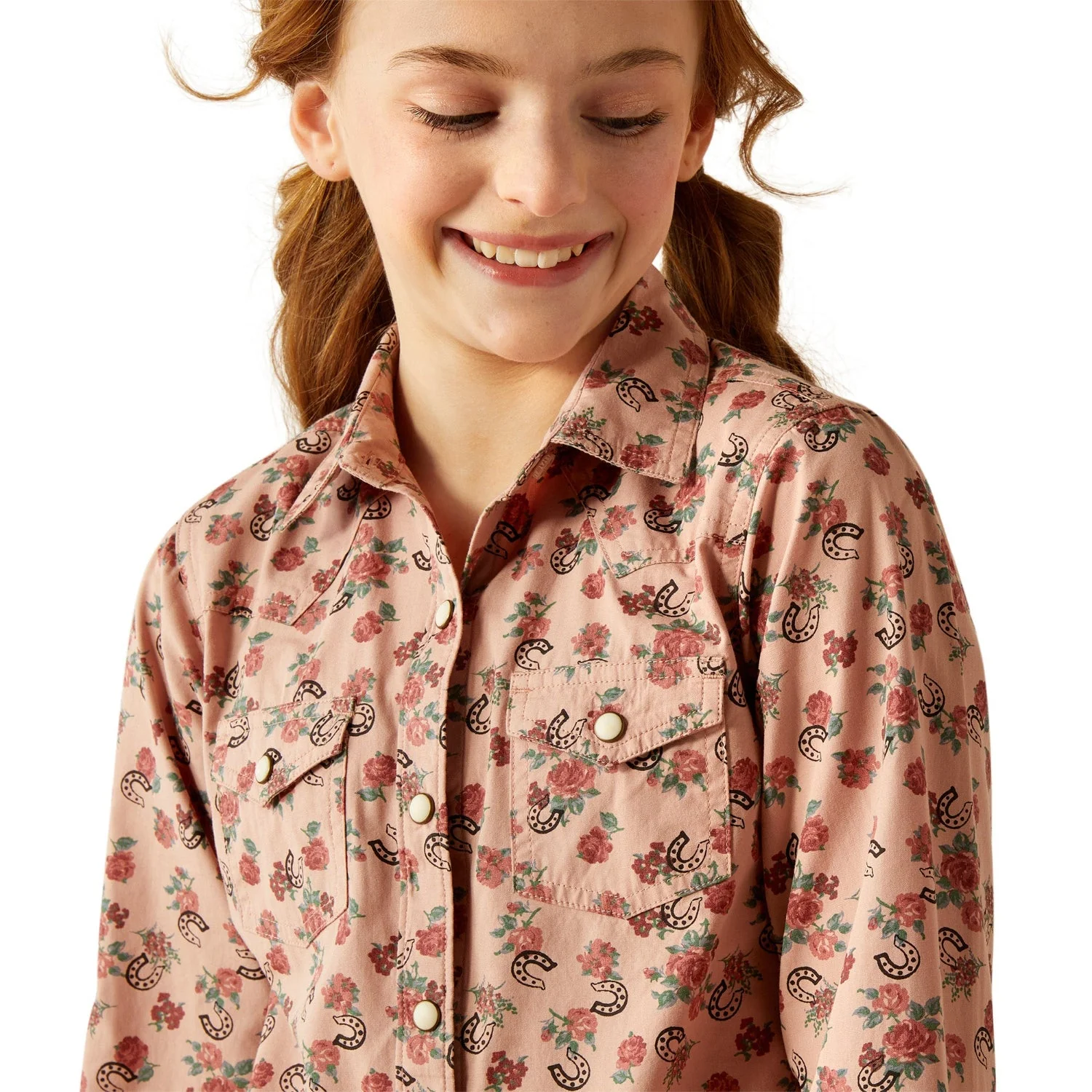 Ariat Girls Flowers N' Horseshoes Snap Shirt - Floral Horseshoes Print - Image 4
