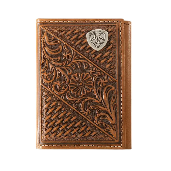 Ariat Men's Trifold Style Wallet Basket Weave Floral Shield - Tan