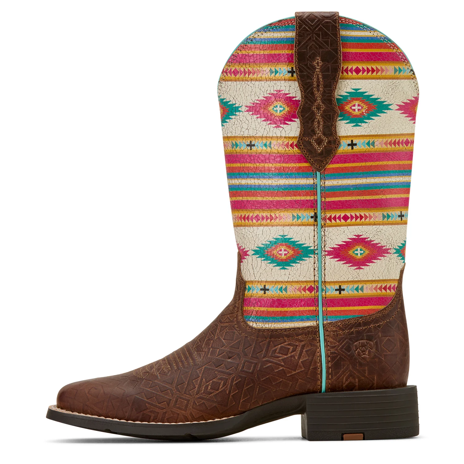 Ariat Women's Round Up Wide Square Toe Stretchfit - Tan Southwest Emboss/Bubblegum Serape - Image 4