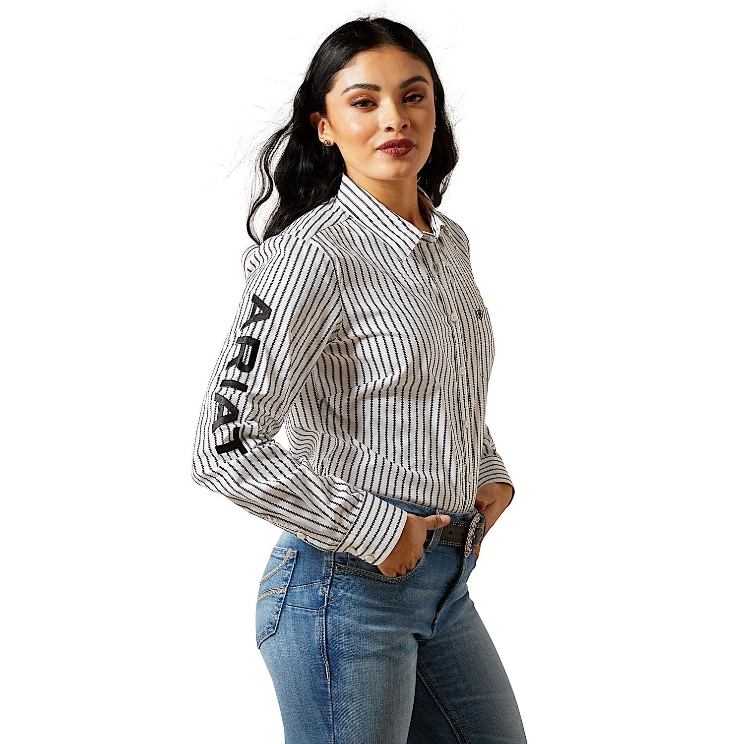 Ariat Women's Team Kirby Stretch Shirt - Black/White Triangle Stripe