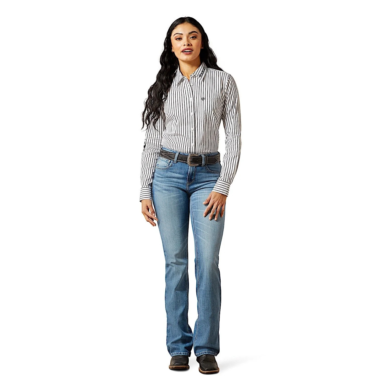 Ariat Women's Team Kirby Stretch Shirt - Black/White Triangle Stripe - Image 3