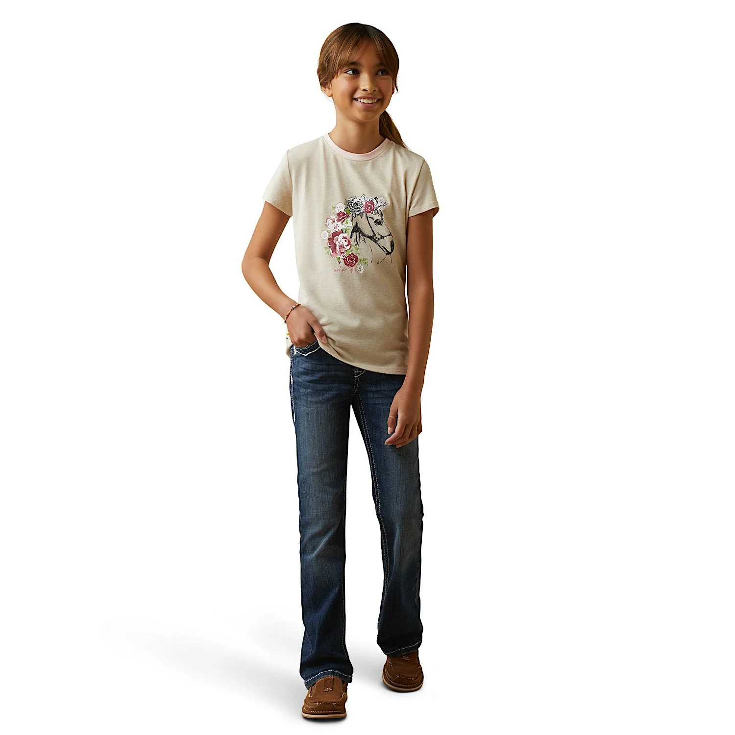 Ariat Youth Flora SS T-Shirt Oatmeal Heather - Image 3