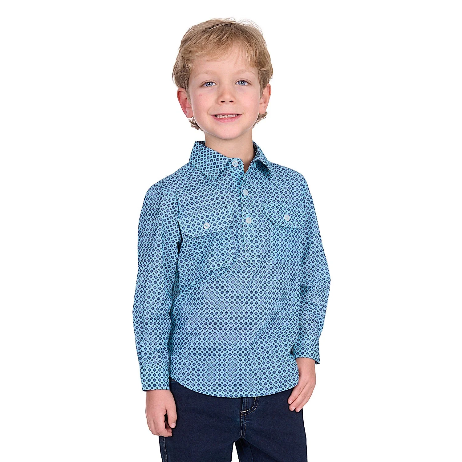 Hard Slog Kid's Lygon Half Placket Long Sleeve Shirt - Blue/Navy