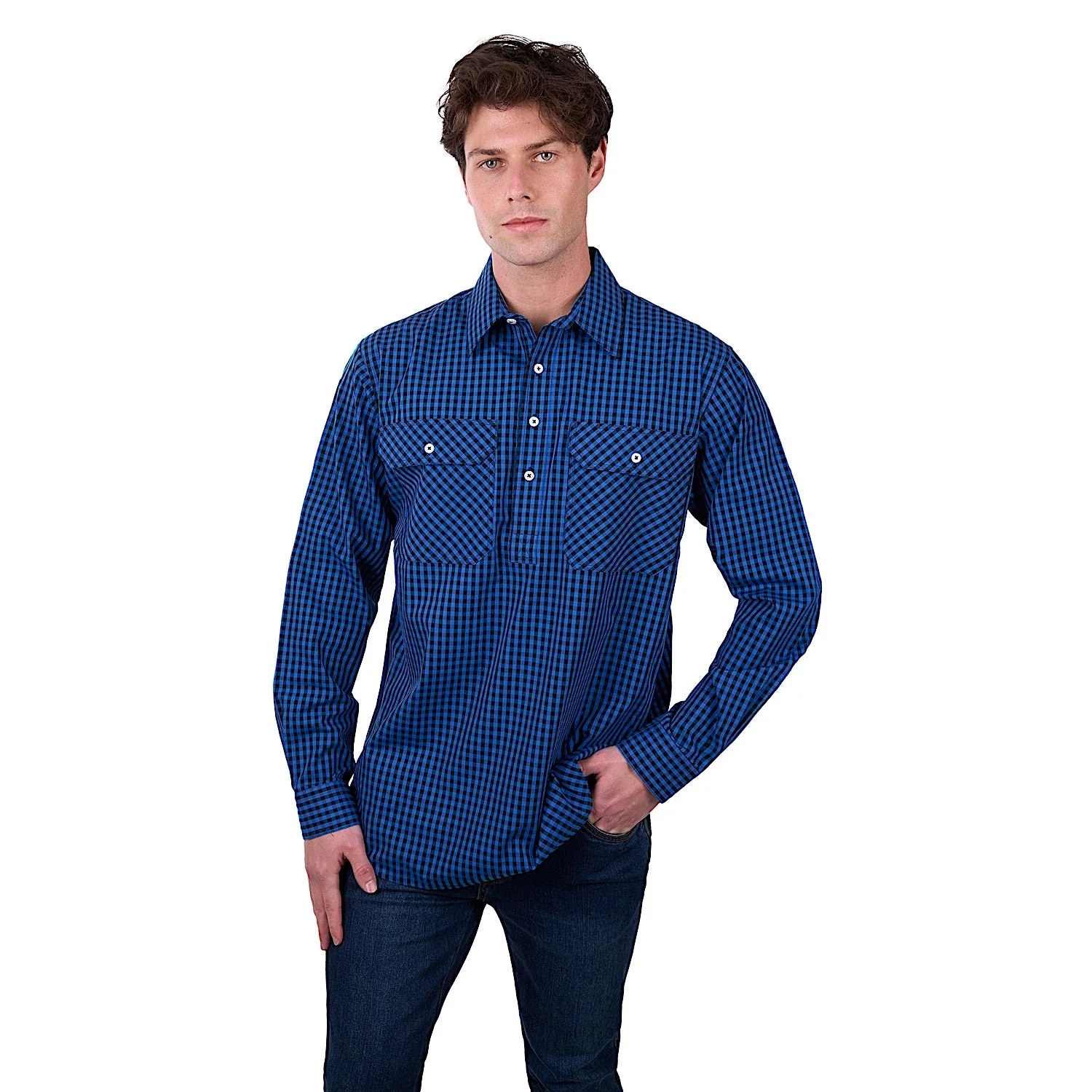 Hard Slog Men's Astell Half Placket Long Sleeve Shirt - Black/Royal