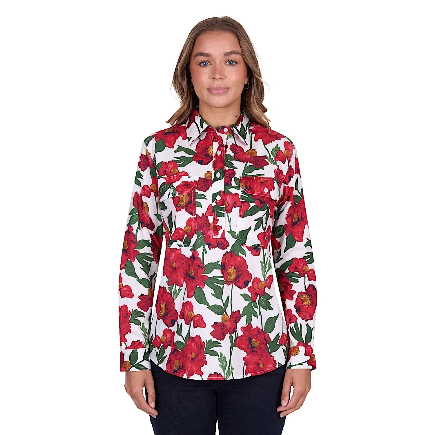 Hard Slog Women's Zoe Half Placket Long Sleeve Shirt - Red - Image 2