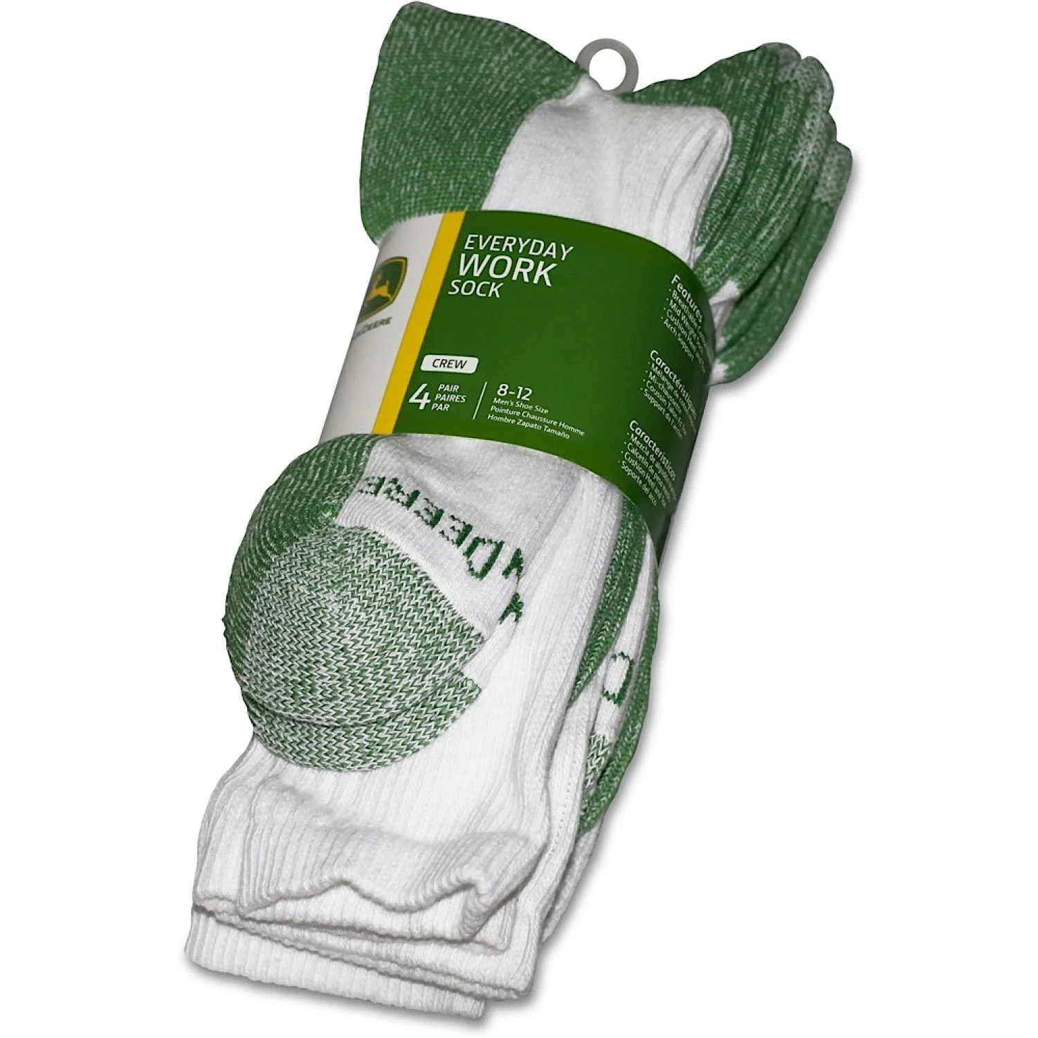 John Deere White/Green Crew 4 Pack Work Socks (Cotton Blend) - Image 3