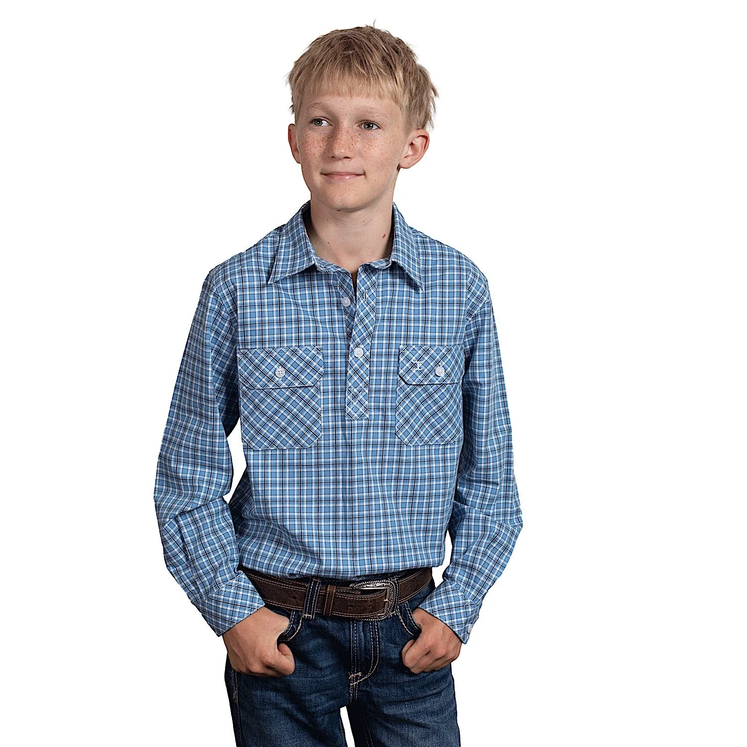 Just Country Boy's Brayden Half Button Plaid Workshirt - Marine Blue/Navy/White Plaid
