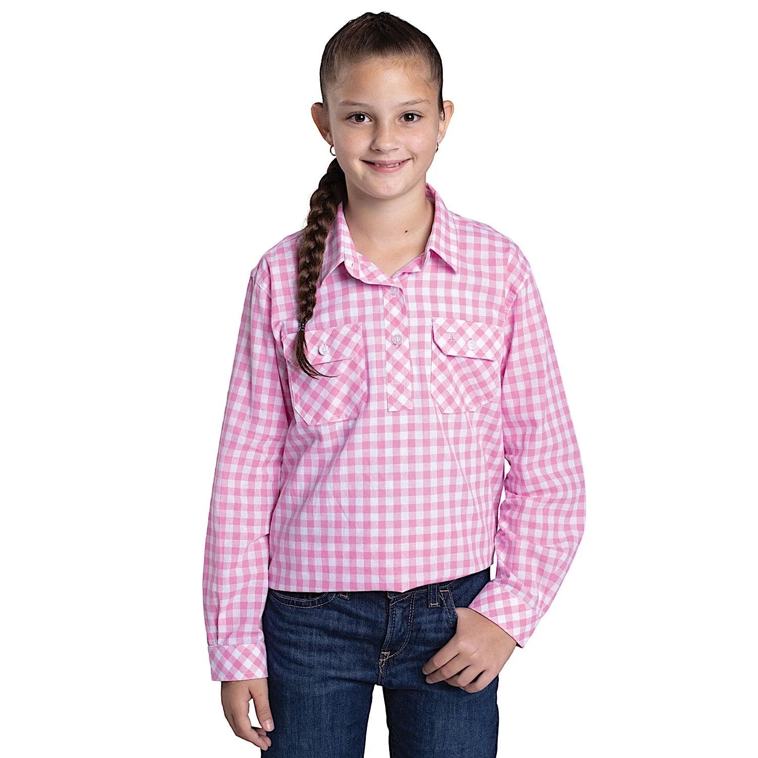 Just Country Girl's Harper Half Button Check Work Shirt - Pink Lemonade/White Check