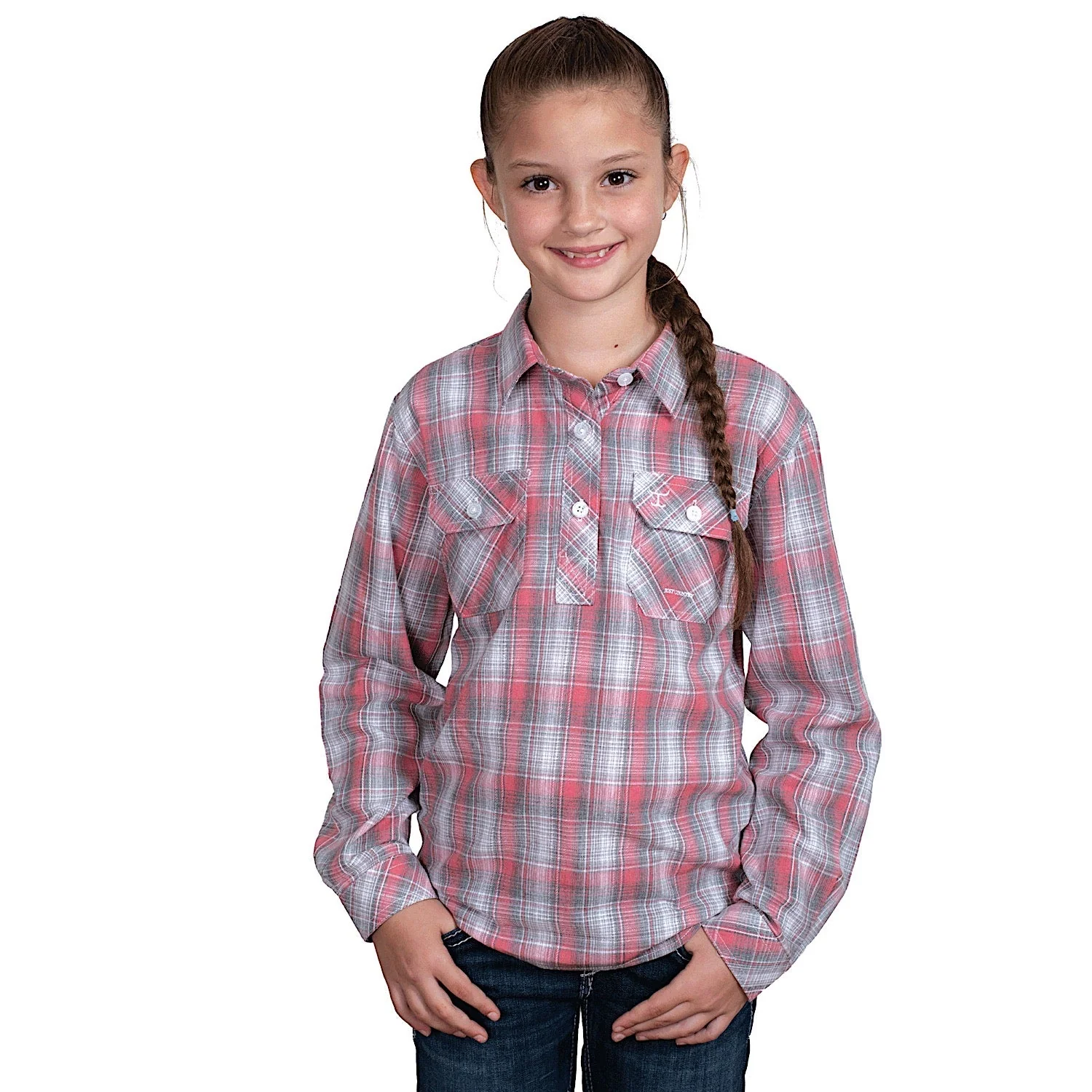 Just Country Girl's Harper Half Button Print Work Shirt - Cherry Blossom/Slate Check