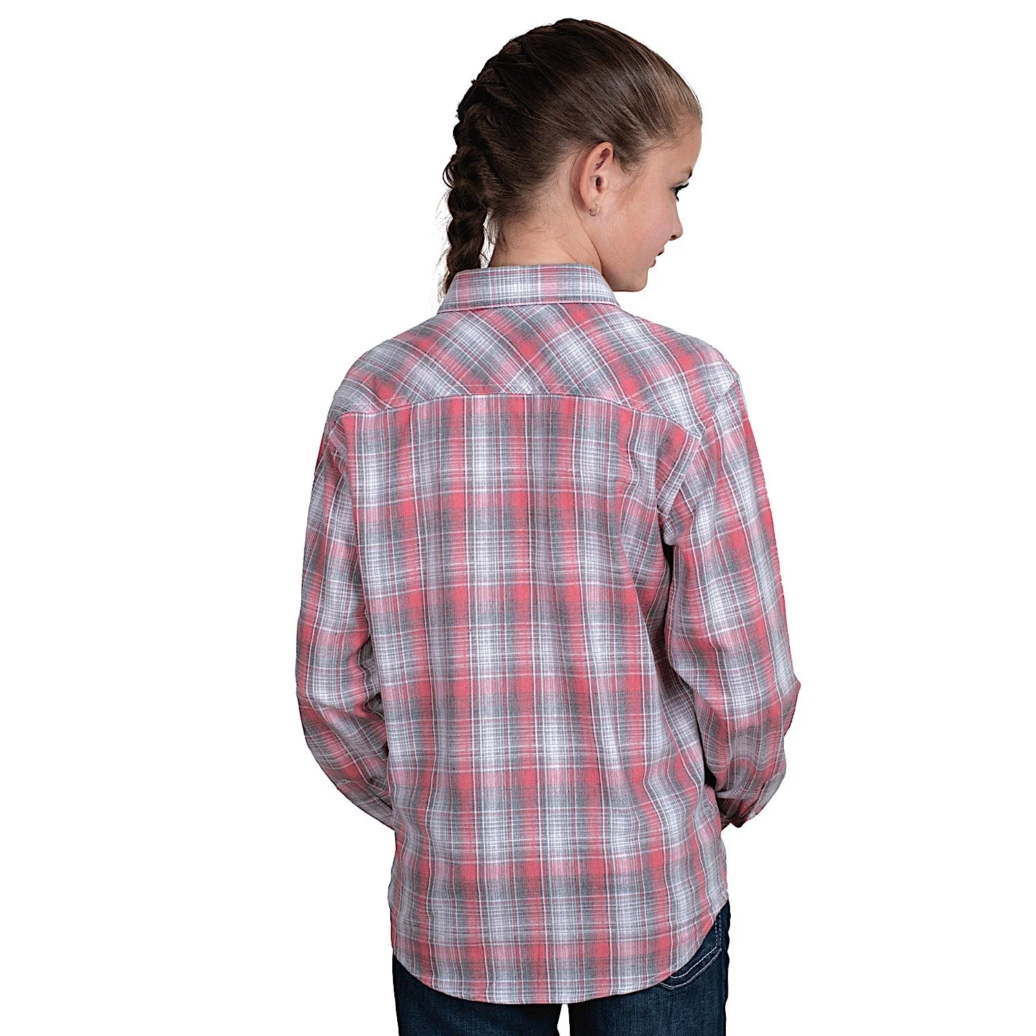 Just Country Girl's Harper Half Button Print Work Shirt - Cherry Blossom/Slate Check - Image 2