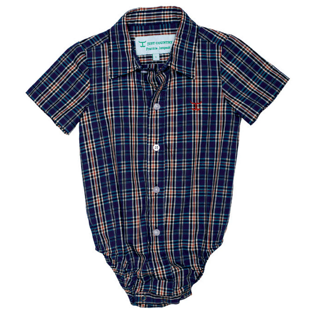 Just Country Infant Frankie Short Sleeve Full Button Jumpsuit - Cobalt/Rust Plaid