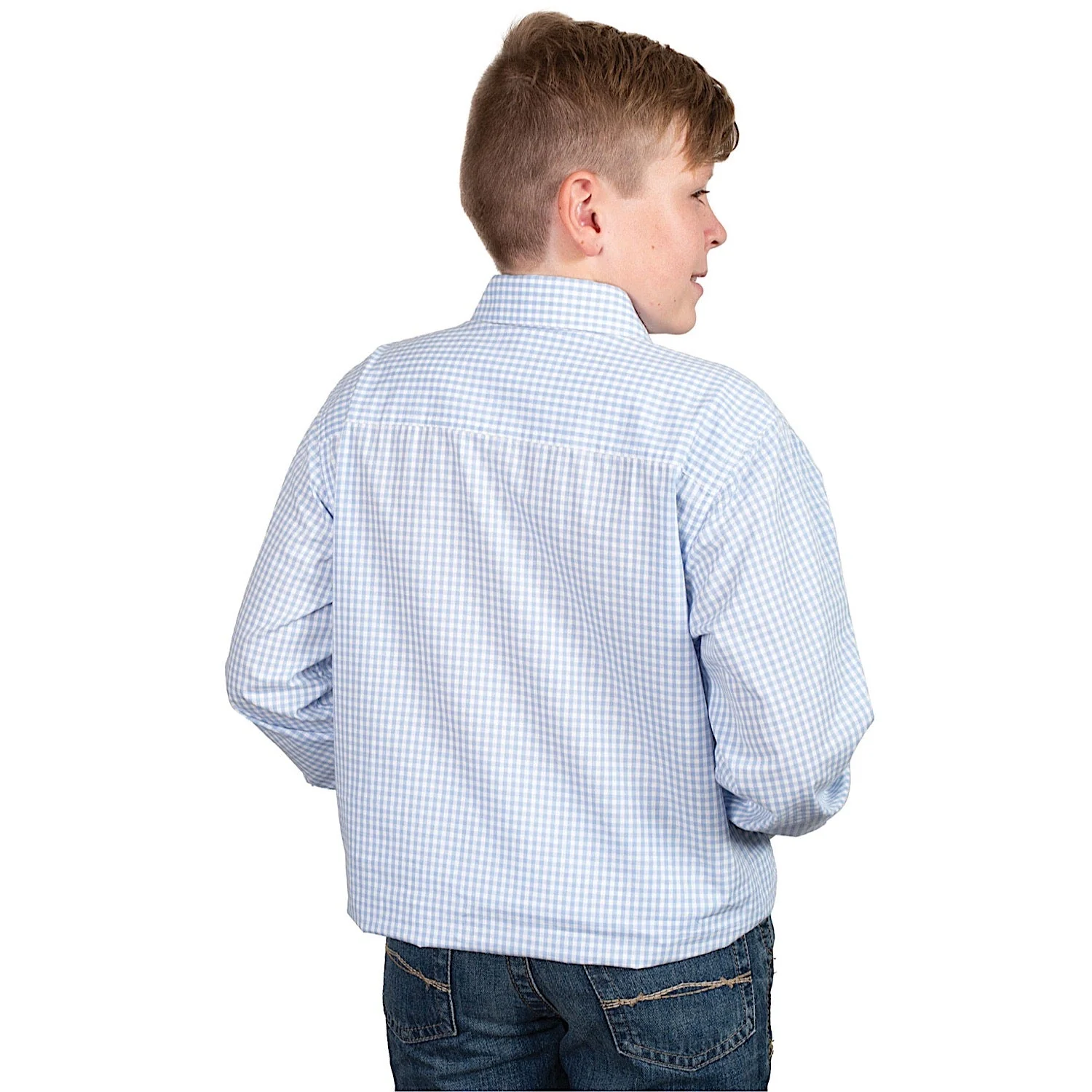 Just Country Kids Brayden Half Button Print Work Shirt - Dusty Blue Mini Check - Image 2