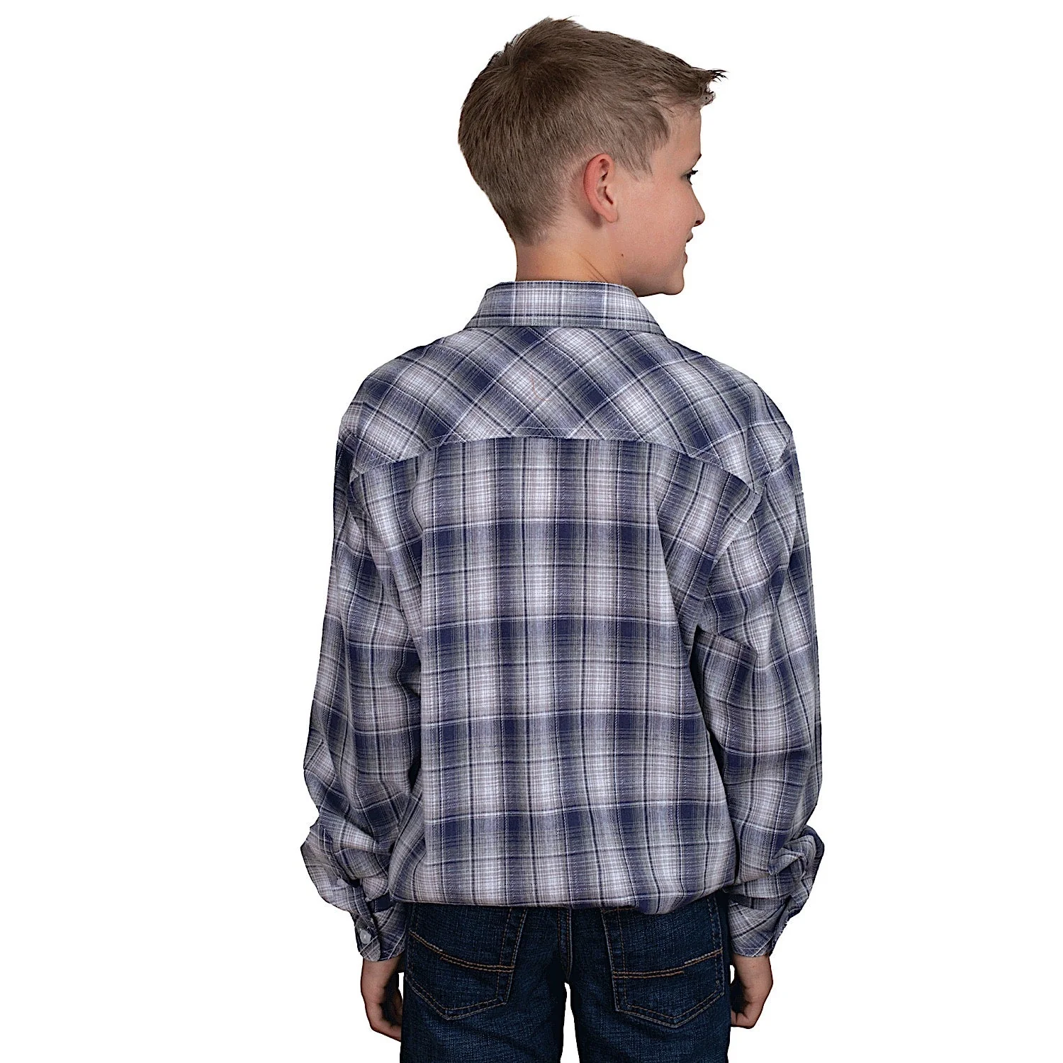 Just Country Kid's Brayden Half Button Print Work Shirt - Admiral Blue/Slate Check - Image 2