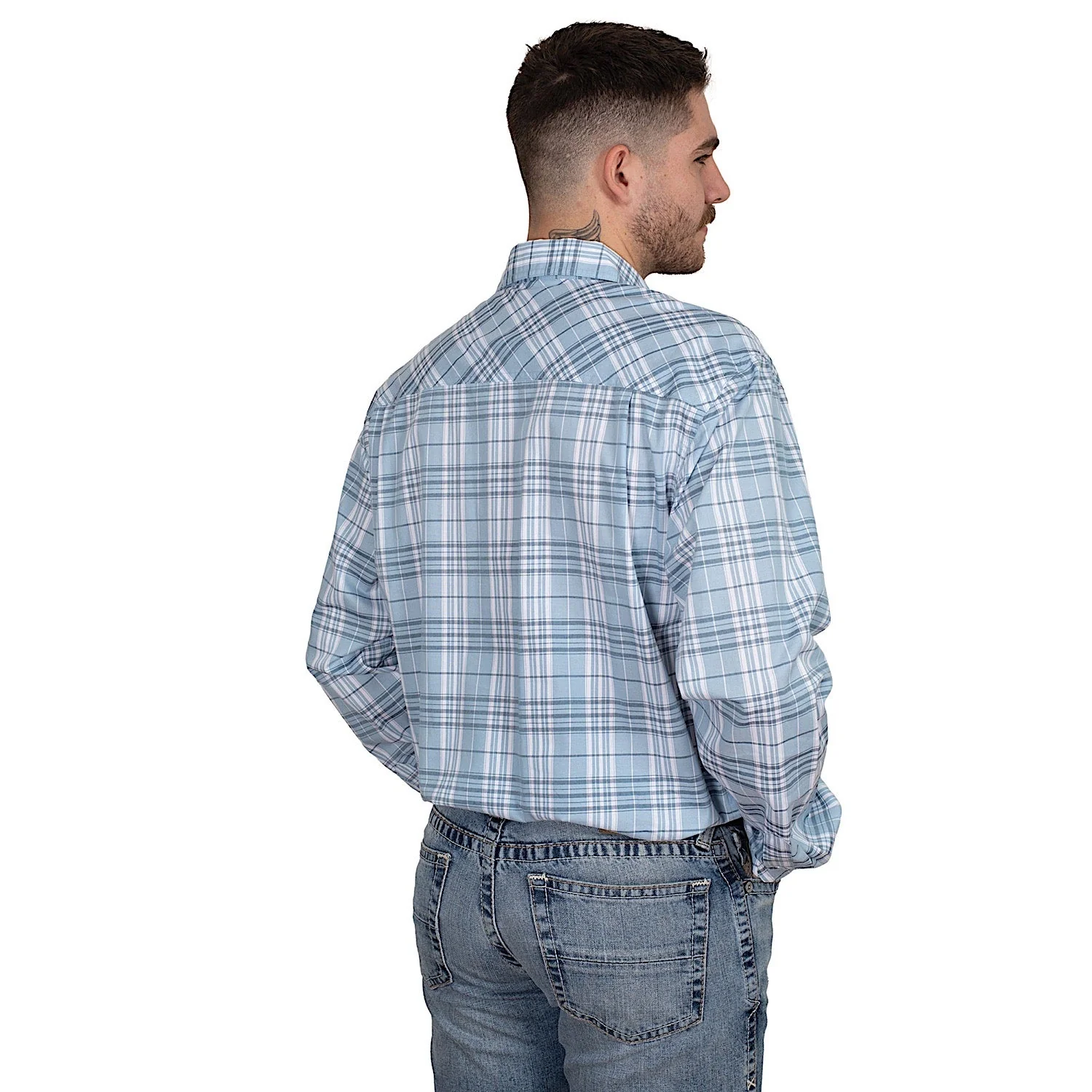 Just Country Men's Austin Full Button Print Workshirt - Light Blue Plaid - Image 2