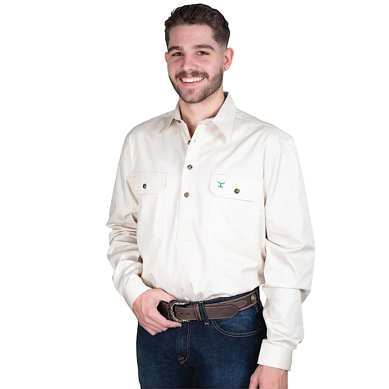 Just Country Mens Cameron 1/2 Button Work Shirt - Oat