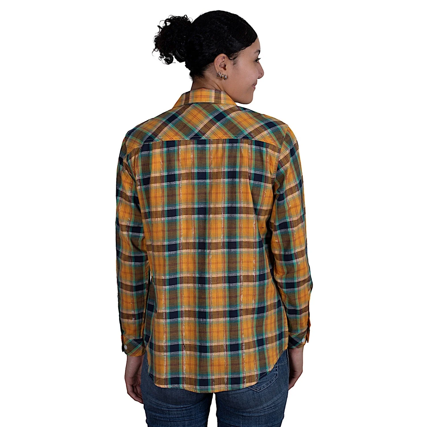 Just Country Womens Abbey Full Button Print Work Shirt Mustard/Navy Plaid - Image 2