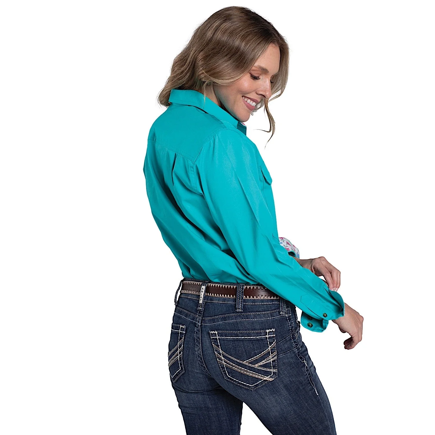 Just Country Women's Jahna Trim Half Button Workshirt - Turquoise - Image 2