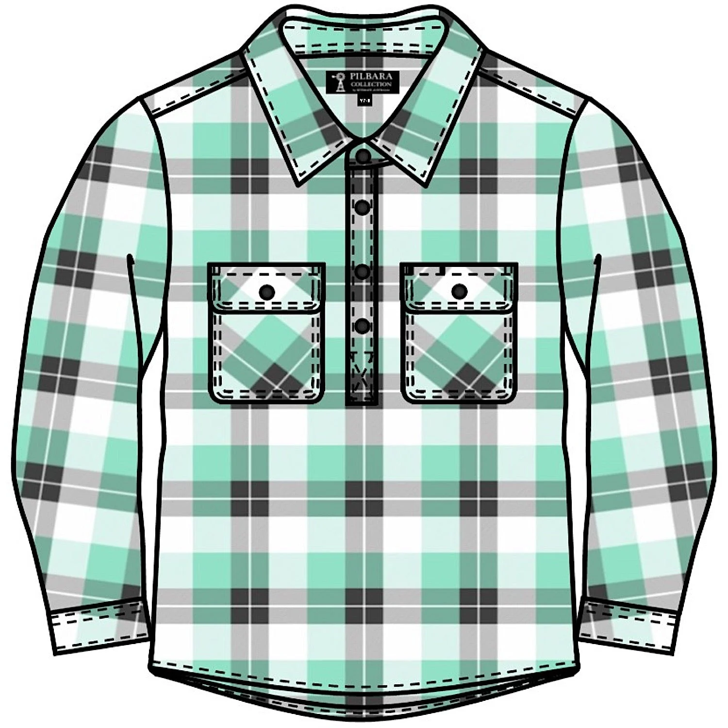Pilbara Kid's Closed Front Flannelette Shirt - Beach Glass/Grey/White