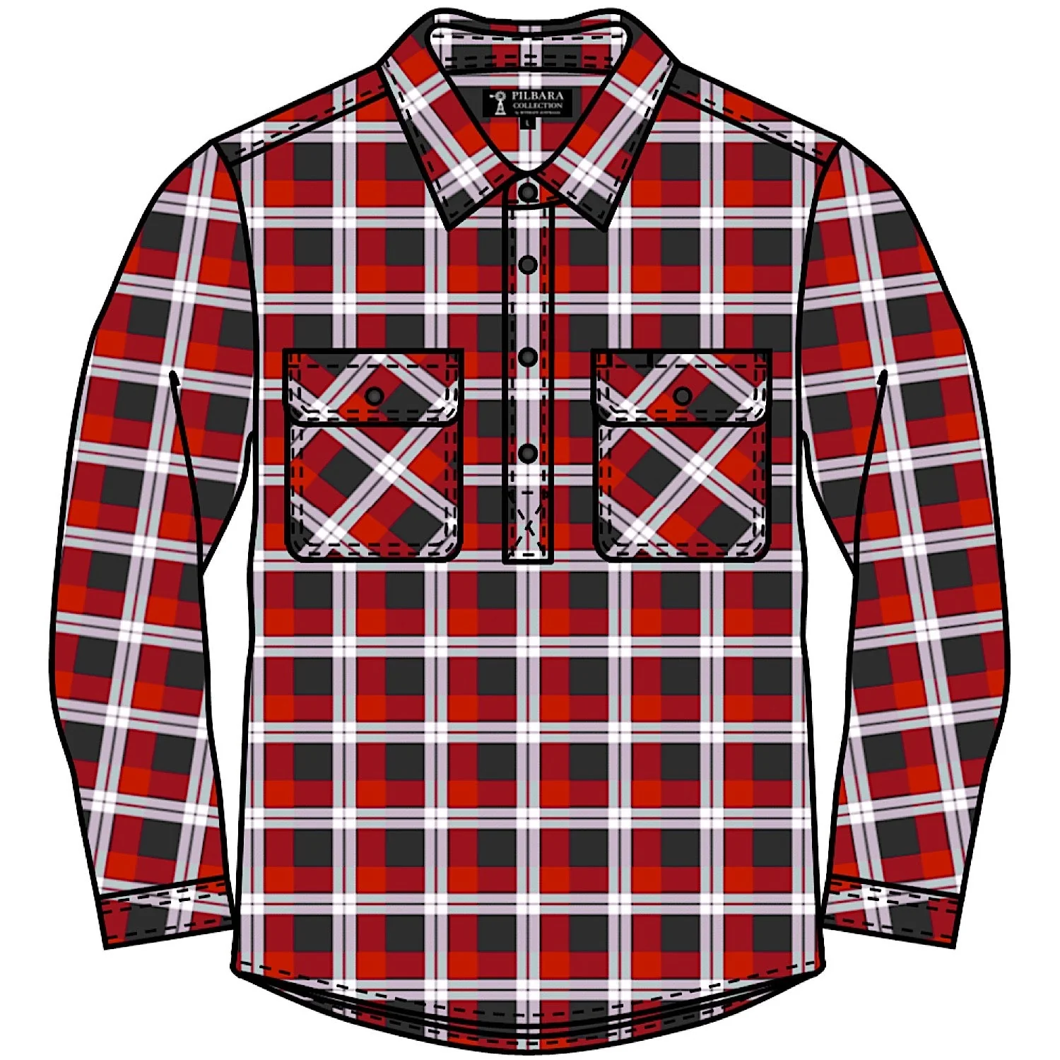 Pilbara Men's Closed Front Flannelette Shirt - Red/Charcoal/White