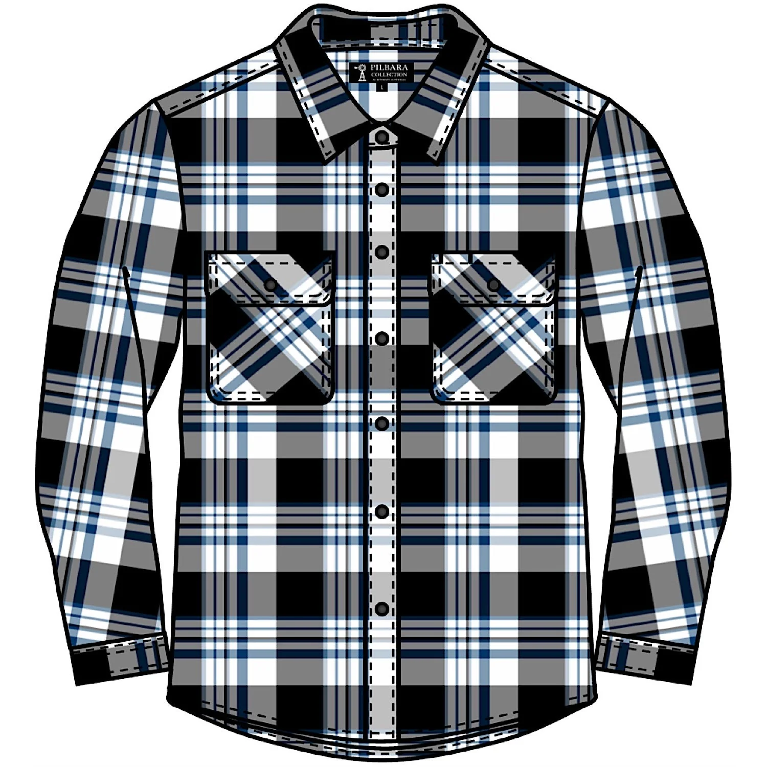 Pilbara Men's Open Front Flannelette Shirt - Black/White/Slate/Blue