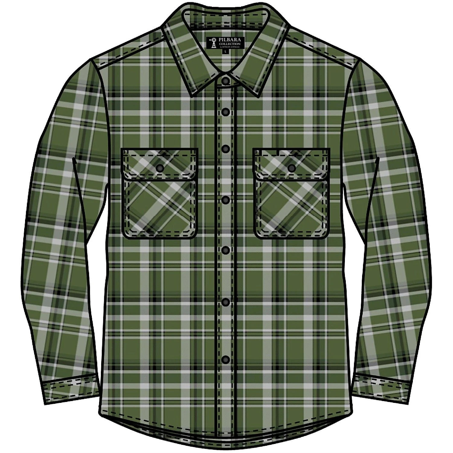 Pilbara Mens Open Front Flannelette Shirt - Green/Grey/Black