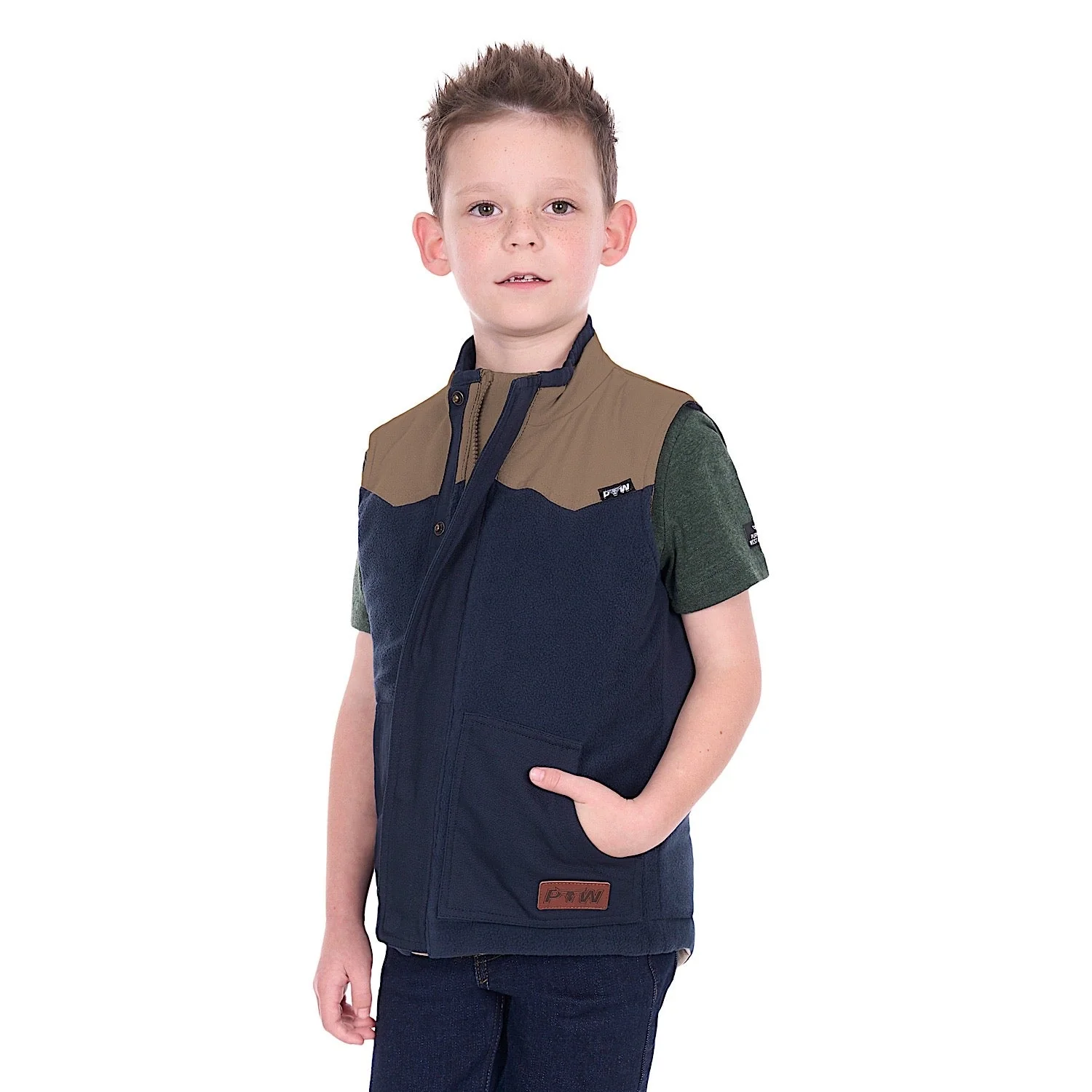 Pure Western Boy's Jamie Reversible Vest - Stone/Navy - Image 3
