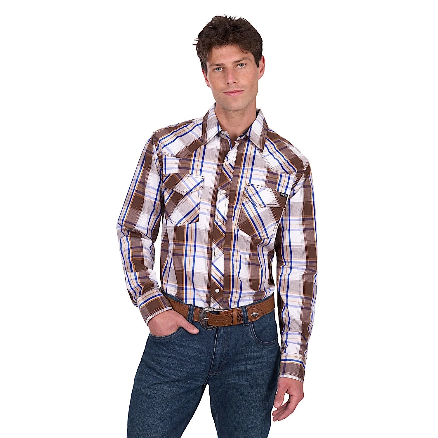 Pure Western Men's George Shirt - Dark Tan/Blue