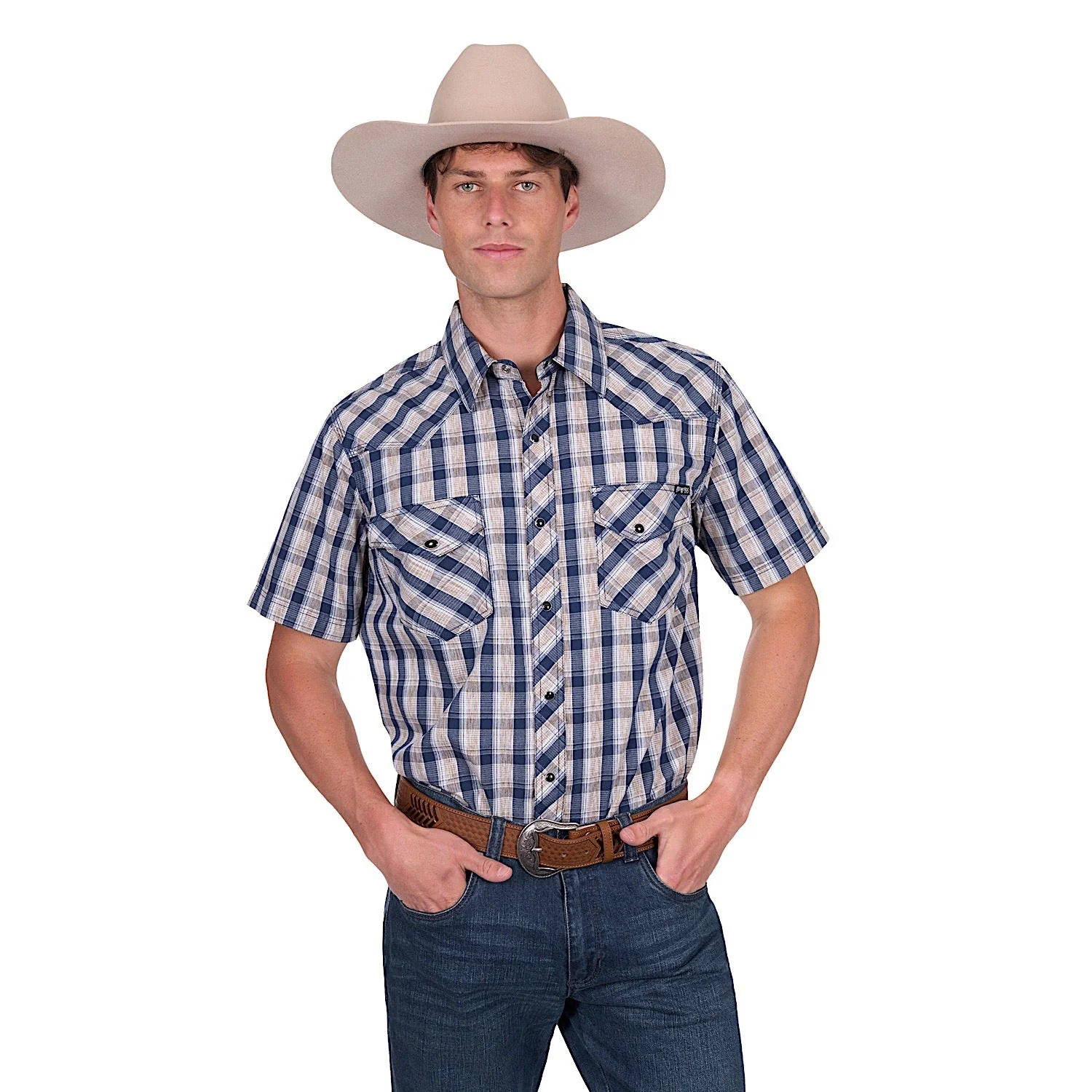 Pure Western Men's Peter Short Sleeve Shirt - Navy/Tan