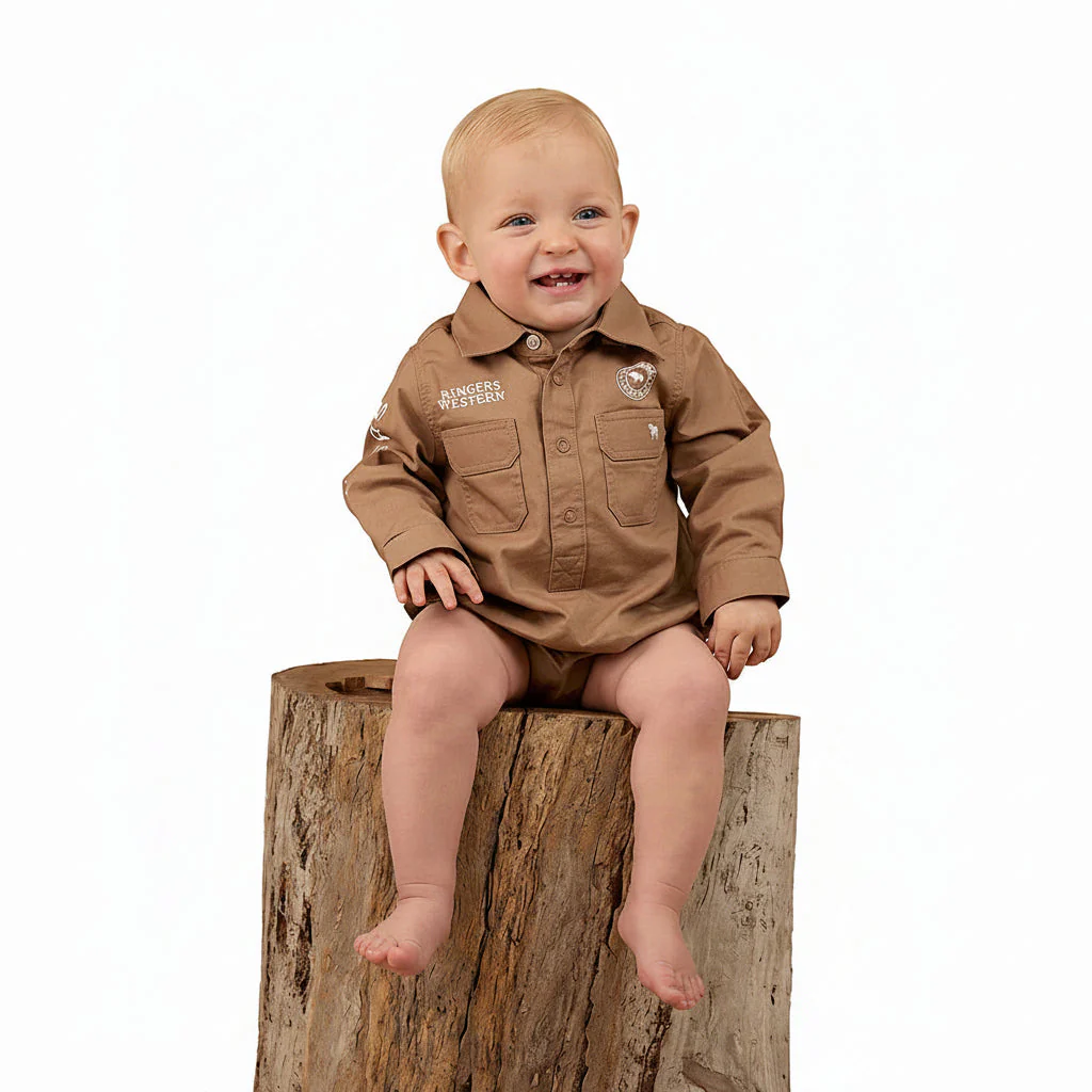 Ringers Western Babies Howdy Tot Long Sleeve Work Shirt Romper - Clay/White