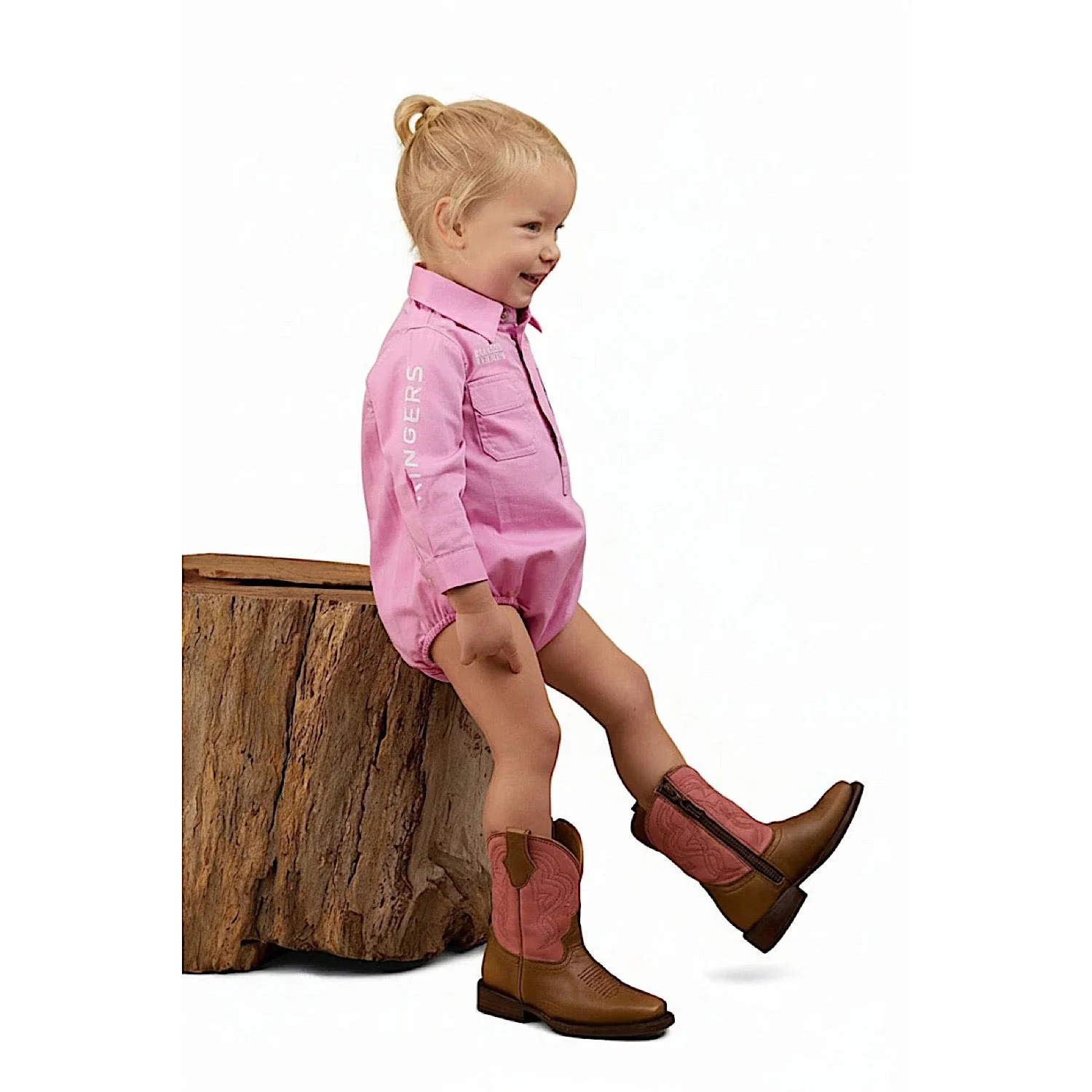 Ringers Western Babies Howdy Tot Long Sleeve Work Shirt Romper - Pink/White - Image 2