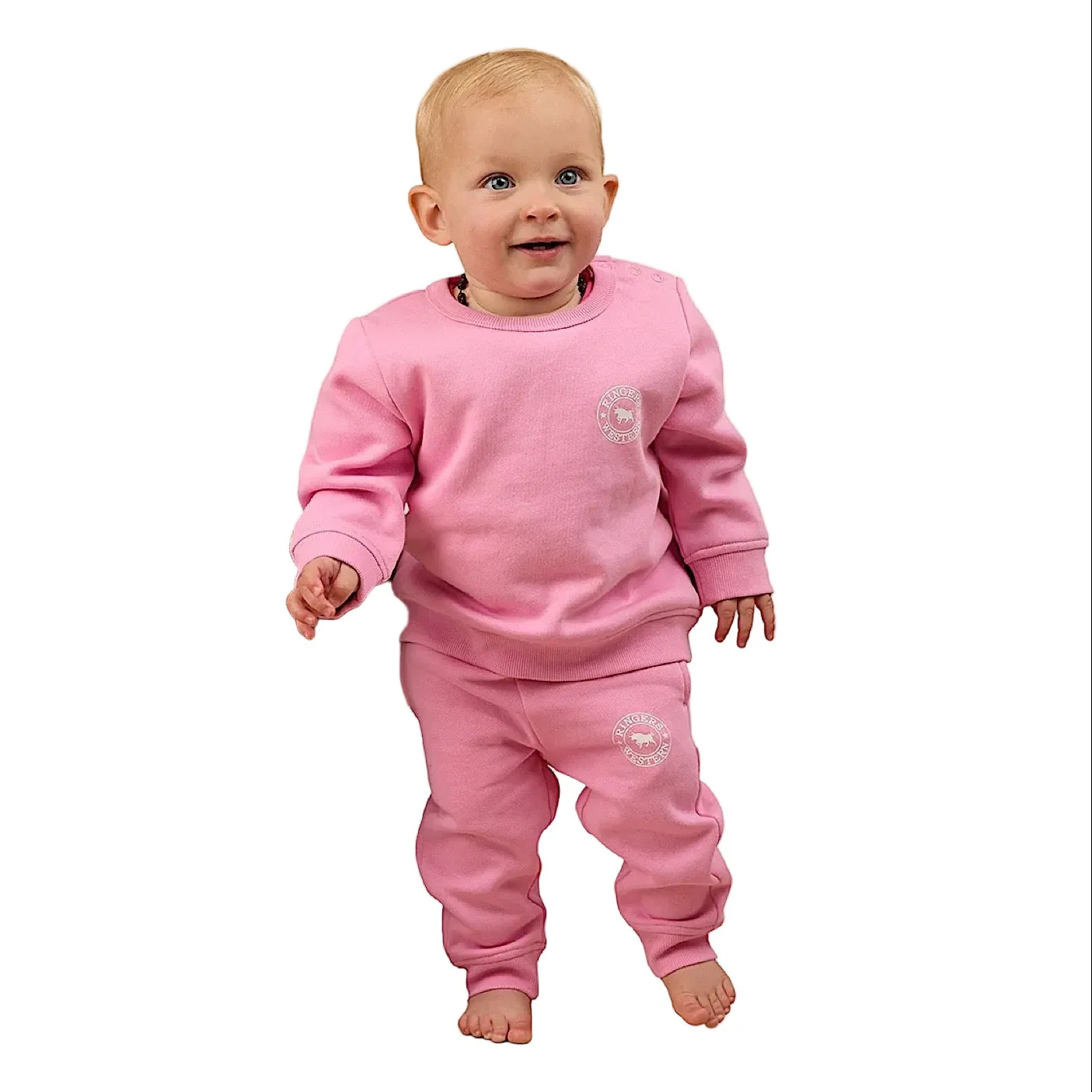 Ringers Western Babies Mini Ringer Signature Bull Fleece Trackpants - Pink/White - Image 3