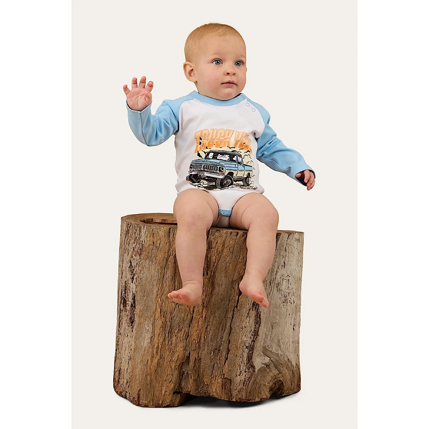 Ringers Western Babies Trucker Kid Long Sleeve Romper - White/Blue - Image 3