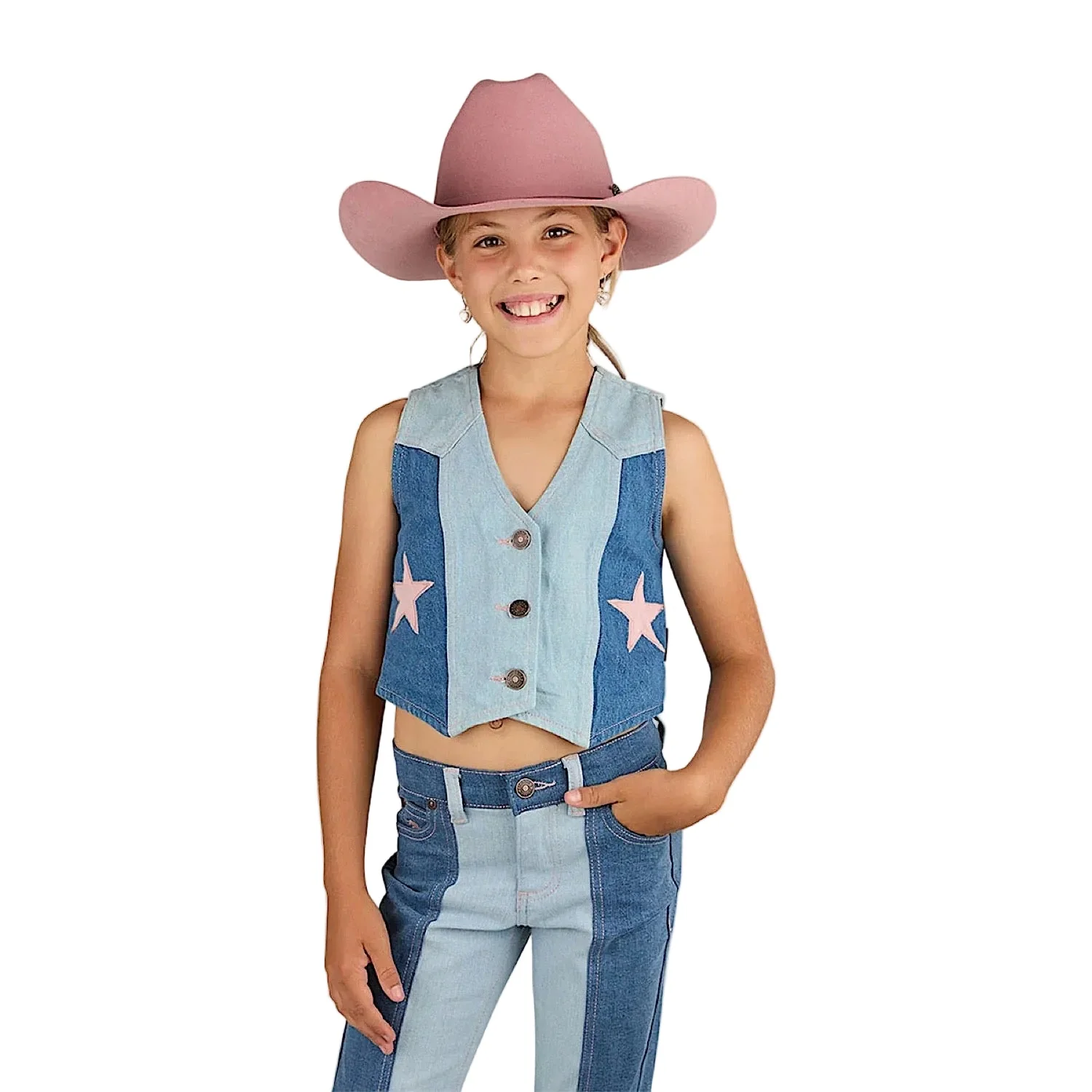 Ringers Western Girl's Ella Panel Vest - Vintage Light Blue/Dark Mid Blue