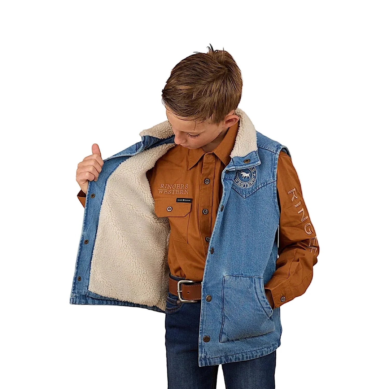 Ringers Western Girl's Ruby Denim Sherpa Vest - Mid Wash Blue - Image 2