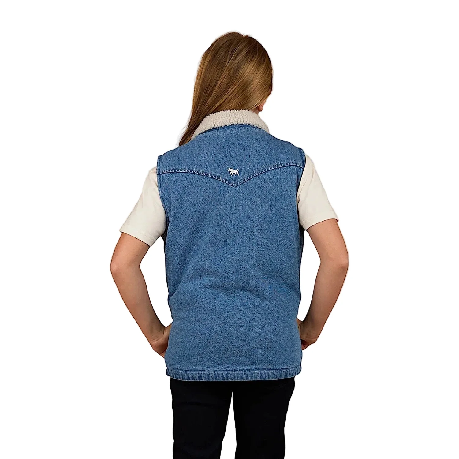 Ringers Western Girl's Ruby Denim Sherpa Vest - Mid Wash Blue - Image 3