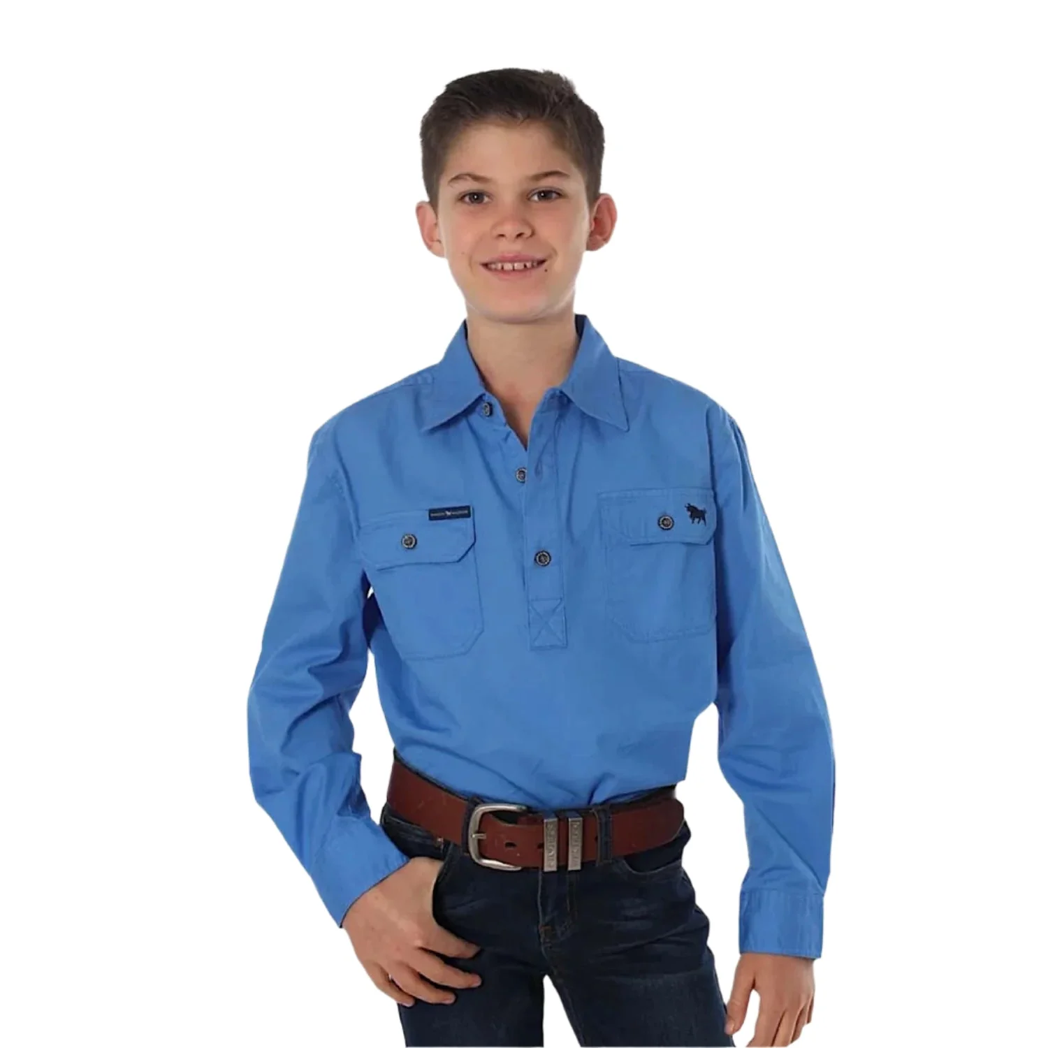 Ringers Western Kid's Ord River Half Button Work Shirt - Blue