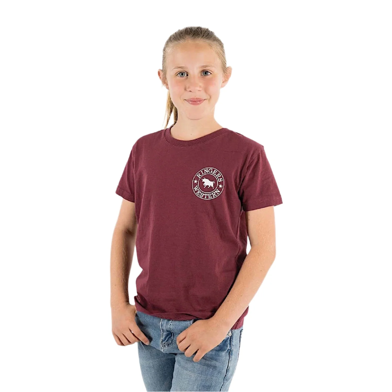 Ringers Western Kid's Signature Bull Classic Fit T-Shirt - Burgundy With White Print - Image 2