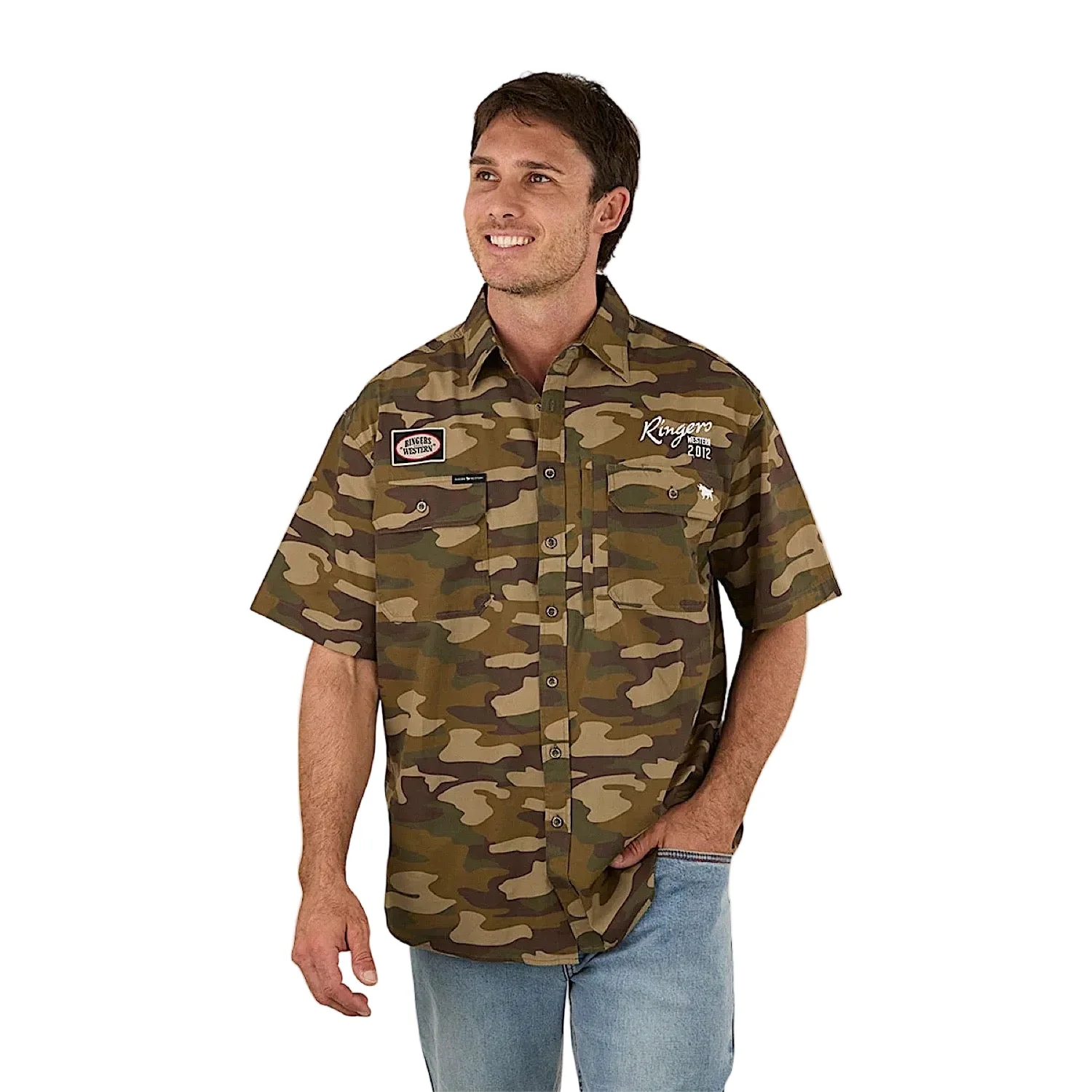 Ringers Western Men's Bull Dodger Full Button Short Sleeve Work Shirt - Camo