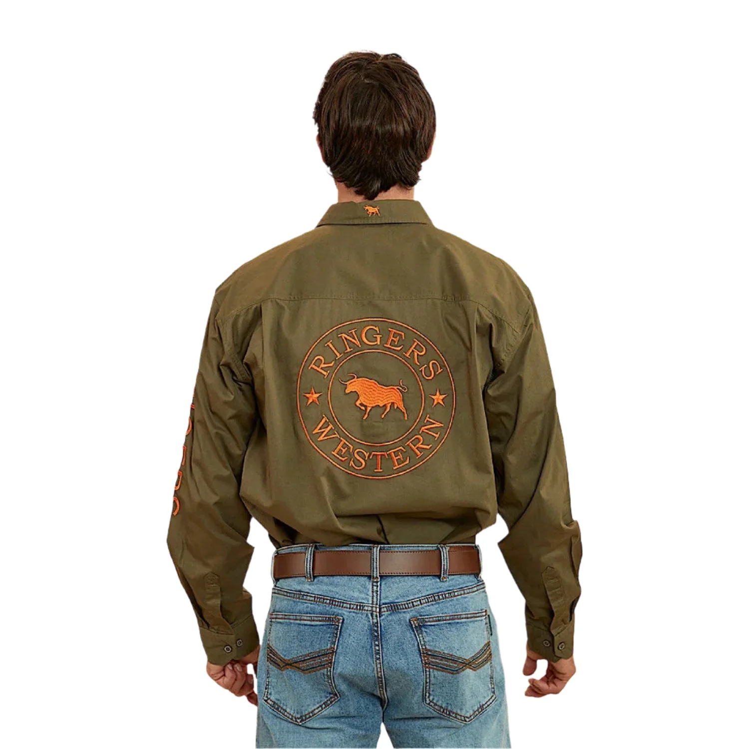 Ringers Western Men's Hawkeye Full Button Work Shirt - Military Green/Orange - Image 2