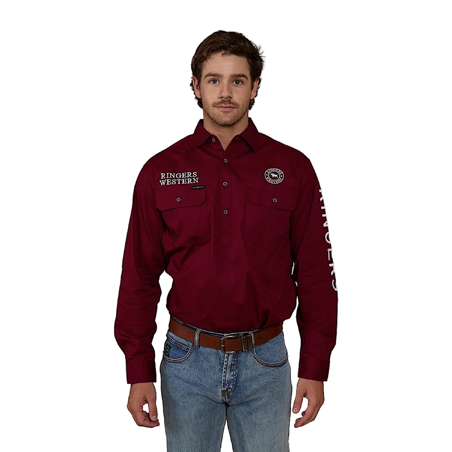 Ringers Western Men's Hawkeye Half Button Work Shirt - Burgundy