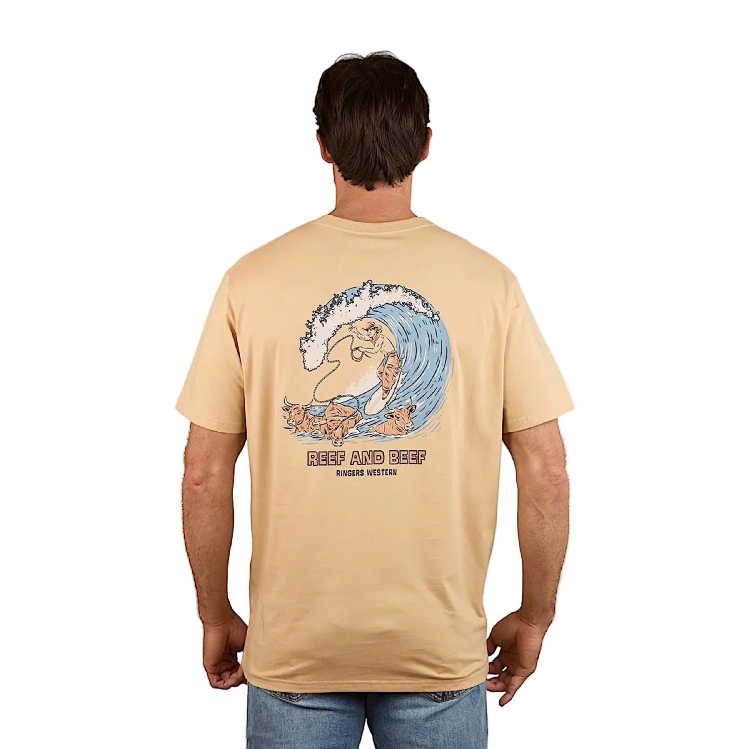 Ringers Western Mens Reef and Beef Loose Fit T-Shirt - Dark Sand - Image 2