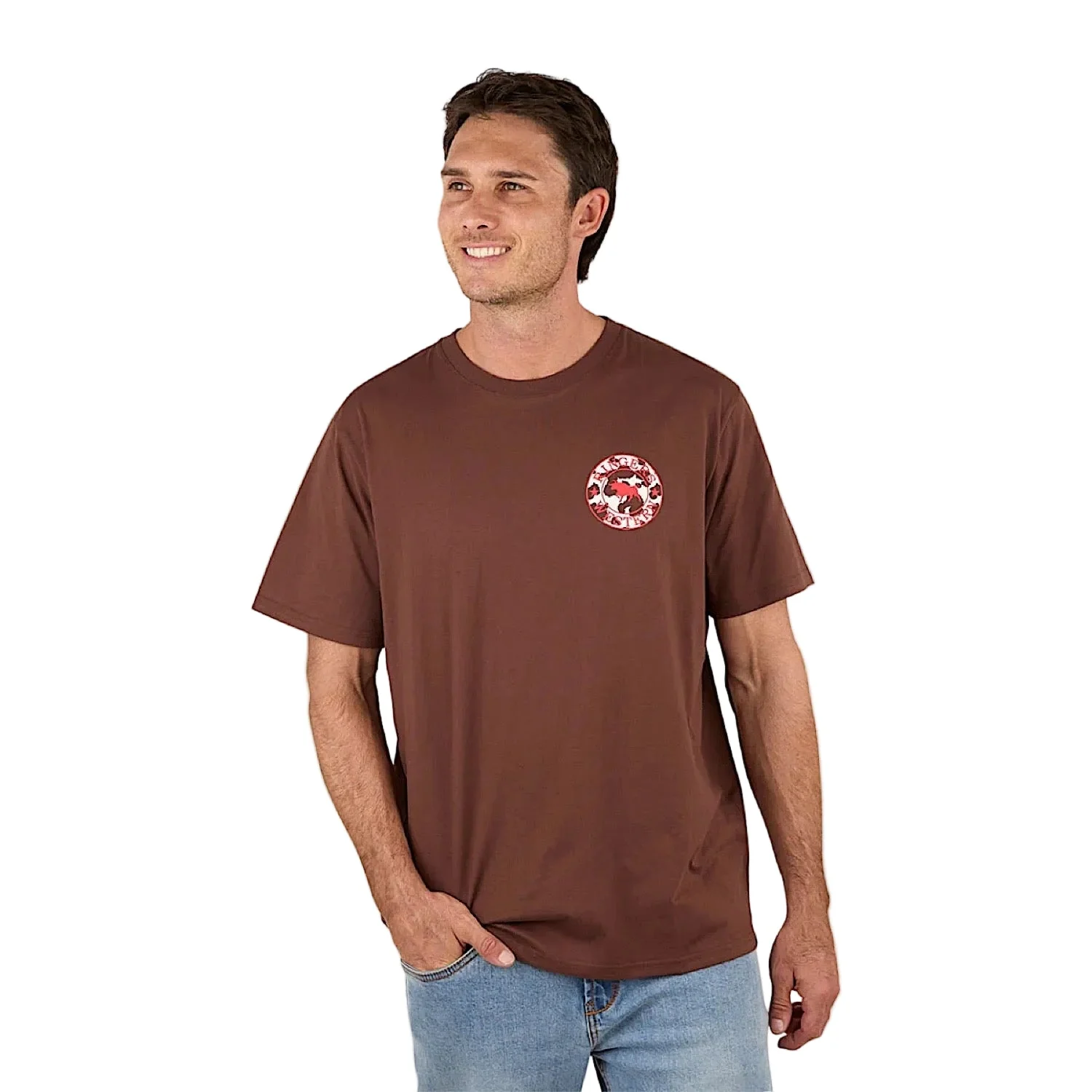 Ringers Western Men's Signature Bull Loose T-Shirt - Chocolate/Red/Cow Print - Image 2