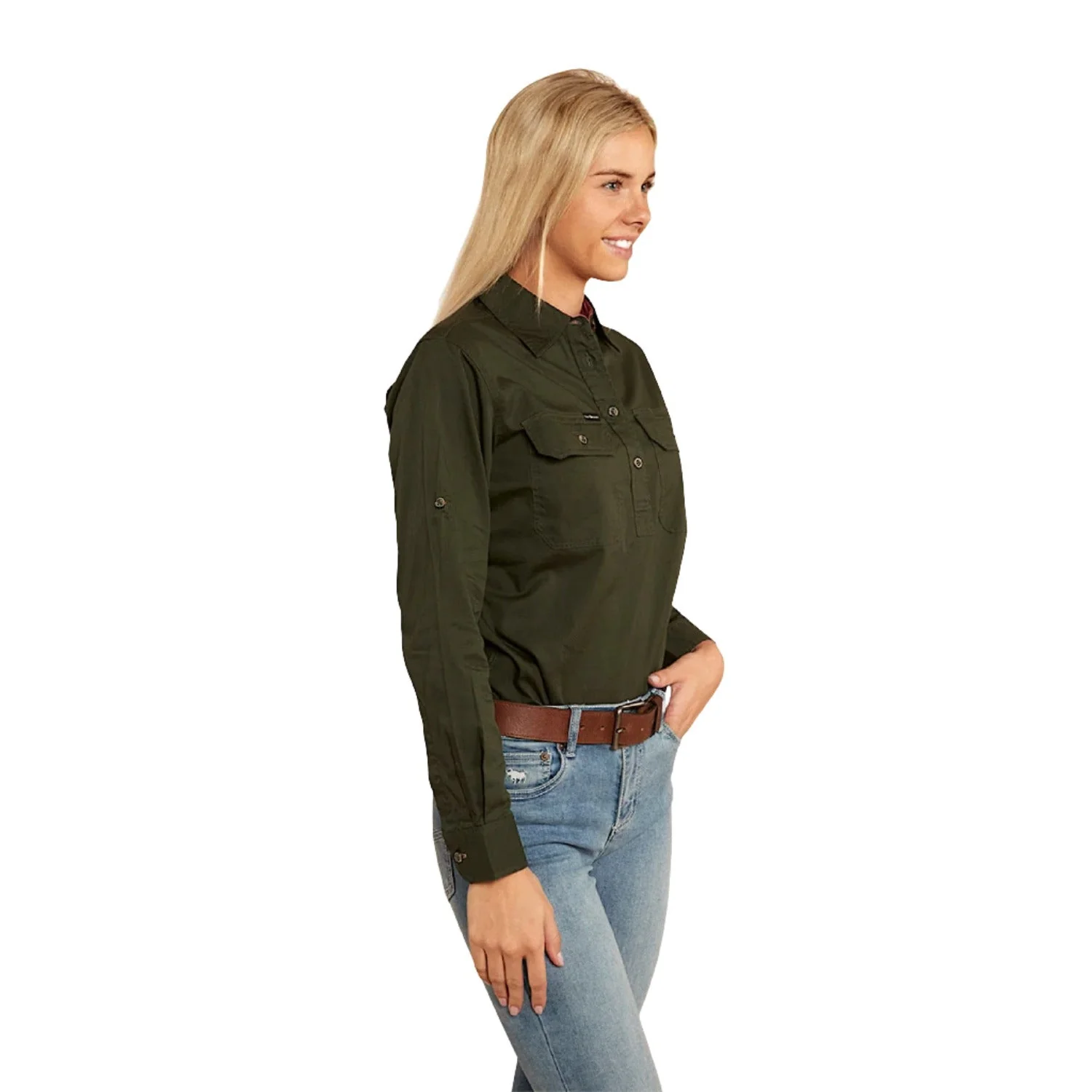 Ringers Western Women's Pentecost River Half Button Work Shirt - Cargo Khaki - Image 3