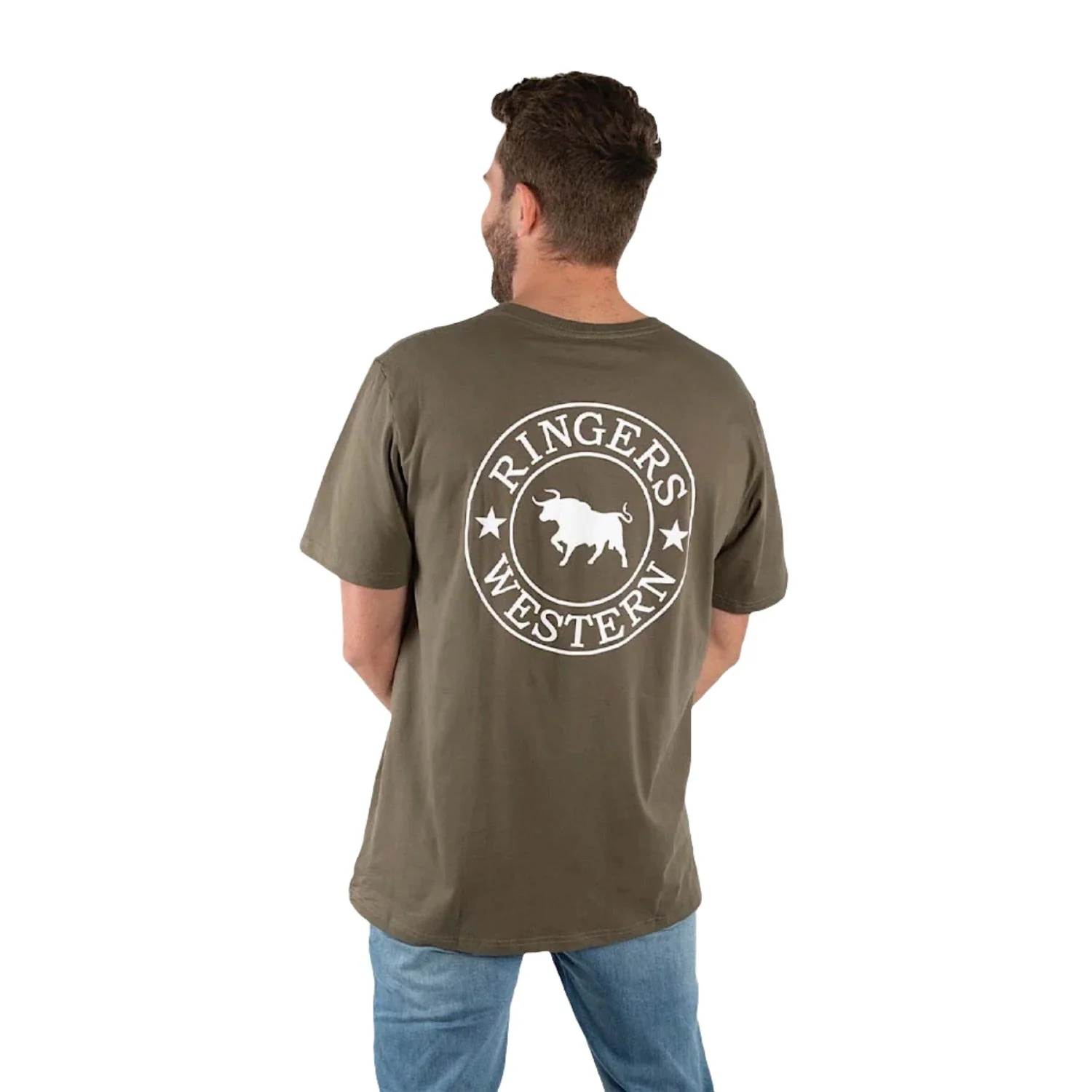 Ringers Western Signature Bull Men's Classic Fit T-Shirt - Military Green/White - Image 2
