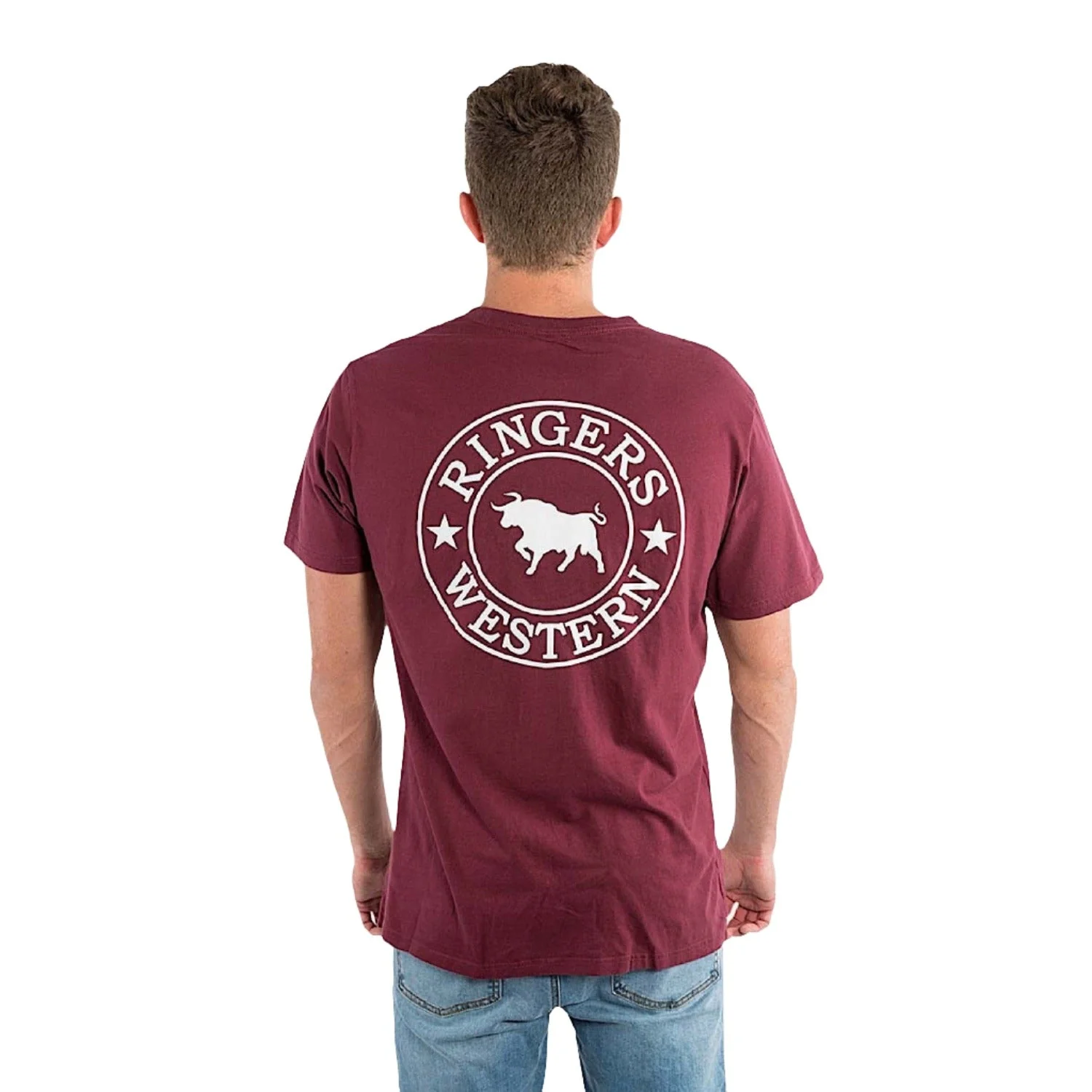 Ringers Western Men's Signature Bull Loose T-Shirt - Burgundy with White Print - Image 2