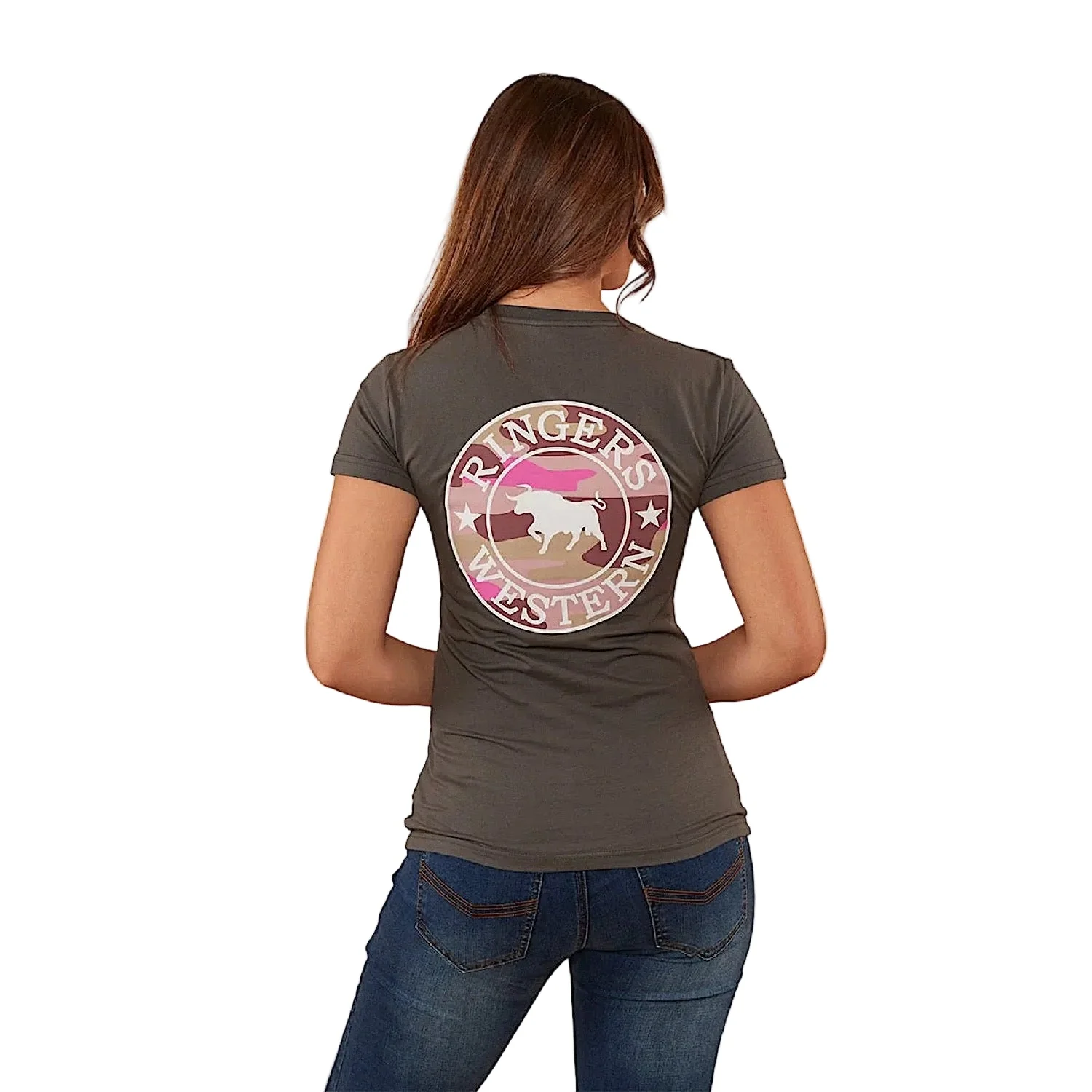 Ringers Western Signature Bull Women's Classic Fit T-Shirt - Vintage Black/Pink Camo - Image 3