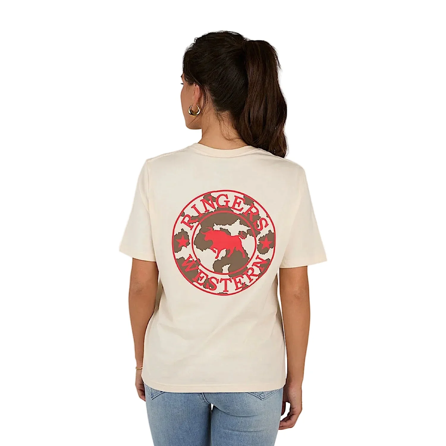 Ringers Western Signature Bull Women's Loose T-Shirt - Off White/Cow Print - Image 2
