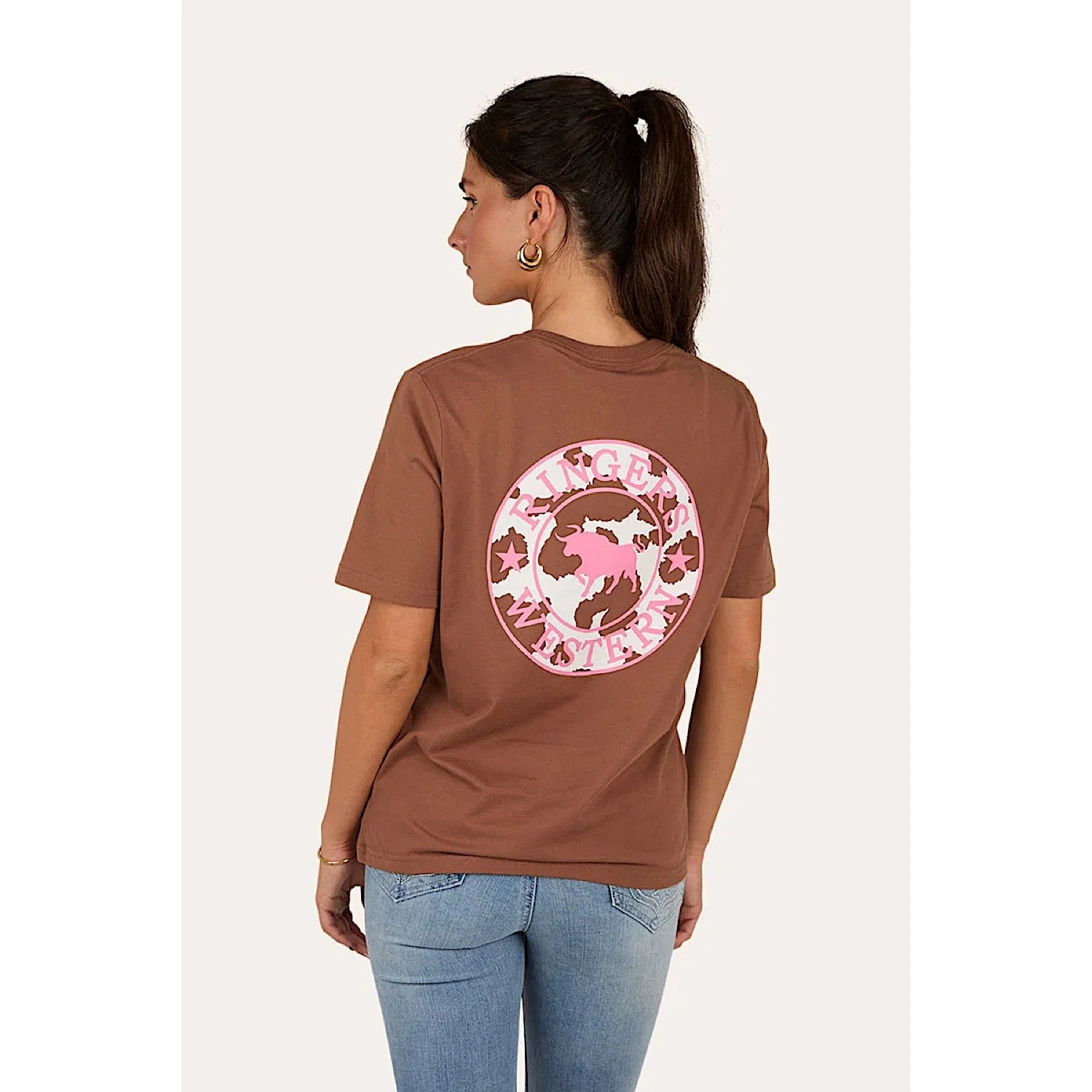 Ringers Western Signature Bull Women's Loose T-Shirt - Saddle Brown/Cow Print - Image 2